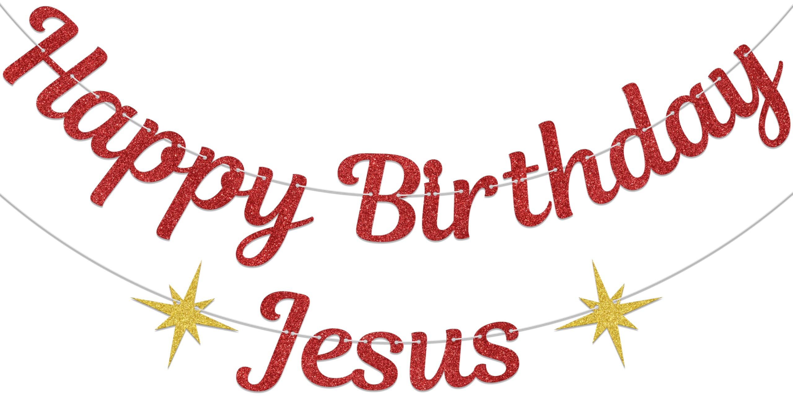 Christmas Religious Party Decoration - Happy Birthday Jesus Banner - Happy Birthday Christmas Banner Red Glitter