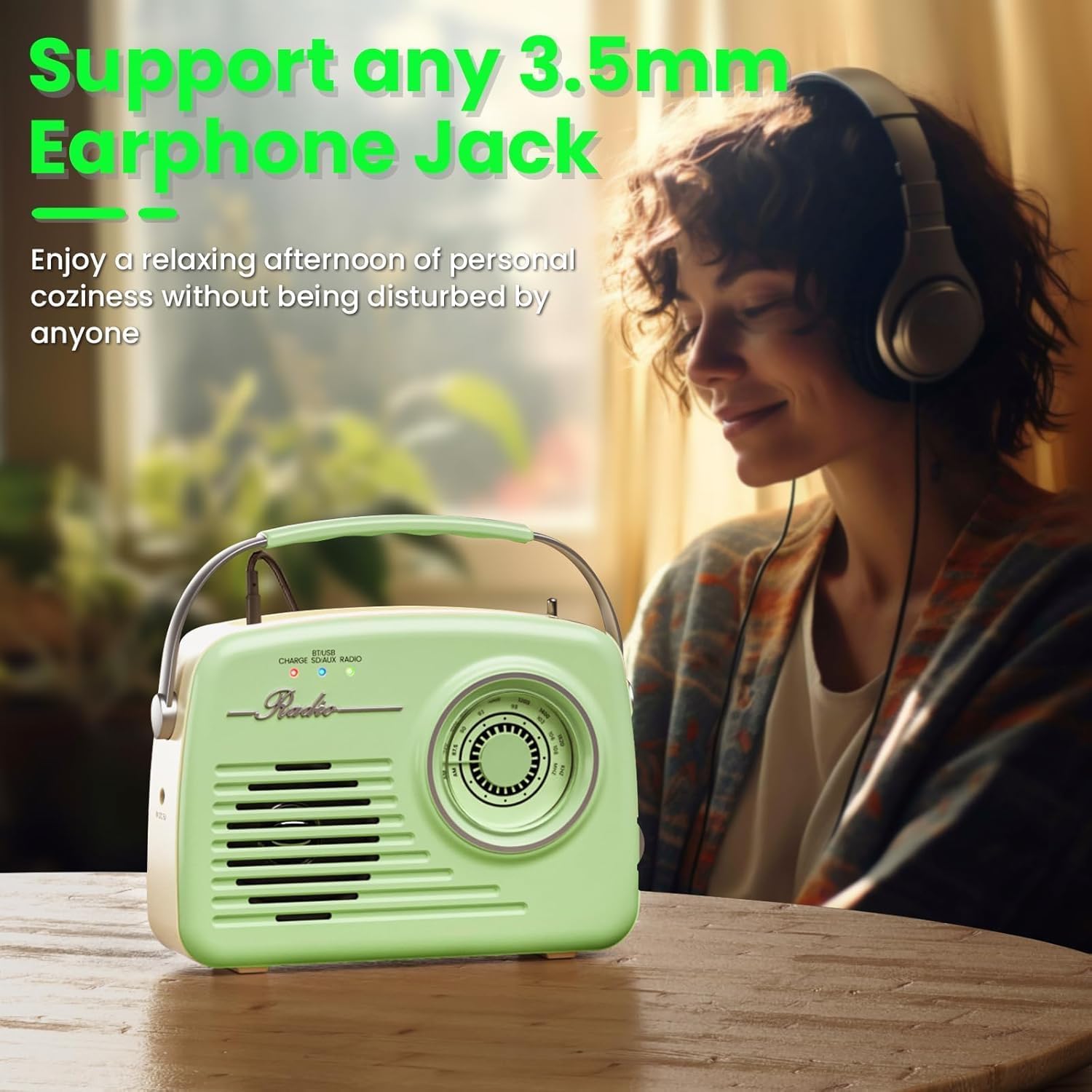 Przenośne radia AM FM, zasilanie bateryjne i ścienne, retro vintage radio z Bluetooth, łatwa w użyciu, duża tarcza, do domu, na zewnątrz, kuchni, zielone