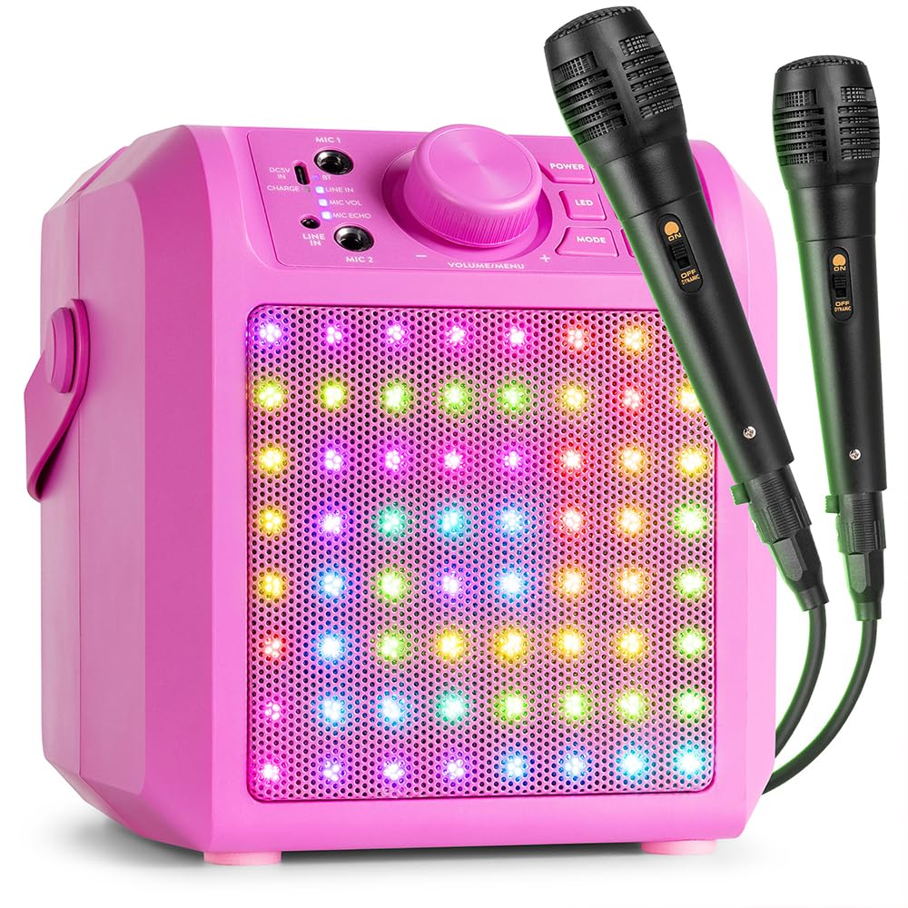 Fenton KAR50P Kids Karaoke Machine, Bluetooth Speaker with Microphone, Tablet Mount & Lights, Portable Karaoke Set for Childrens Parties, Pink