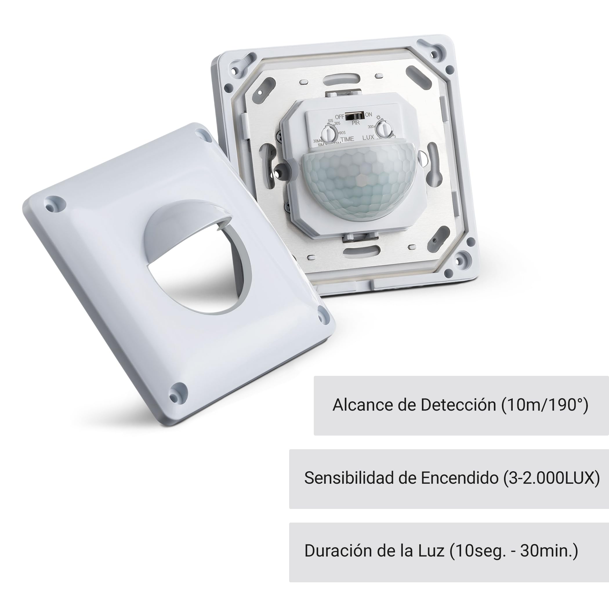 SEBSON Detector de Movimiento Exterior IP65, Montaje Empotrado en Pared, LED Adecuado, Sensor de Infrarrojos, Programable, Alcance 10m / 190° - Instalación 53x53x23mm