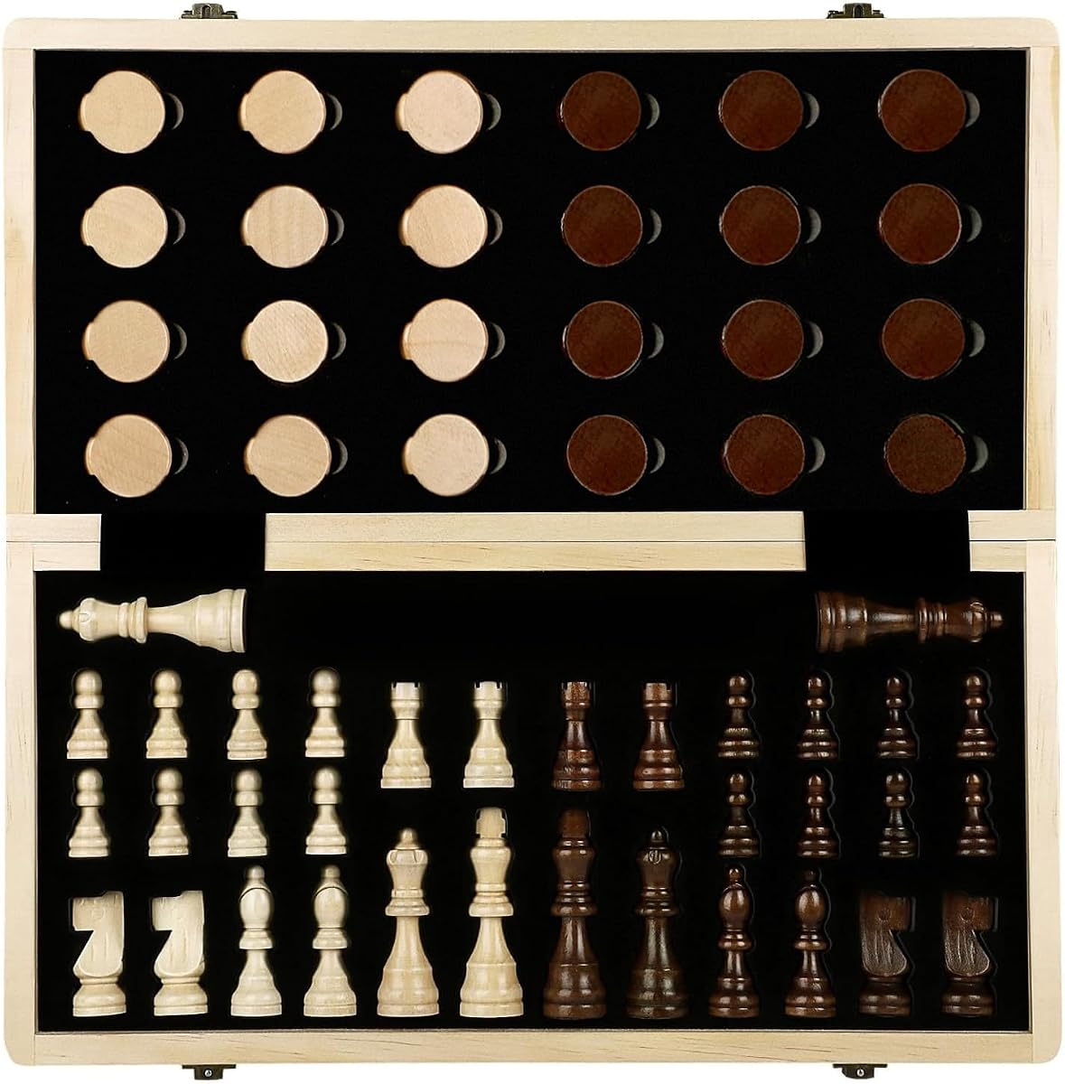 Juego de ajedrez y damas de madera de 15,3", tablero de ajedrez plegable de nogal y arce | Juego de ajedrez 2 en 1, 2 reinas adicionales, ranuras para piezas, estructura de tenón de mortaja, juegos de ajedrez de madera para adultos/principiantes, altura King de 3"
