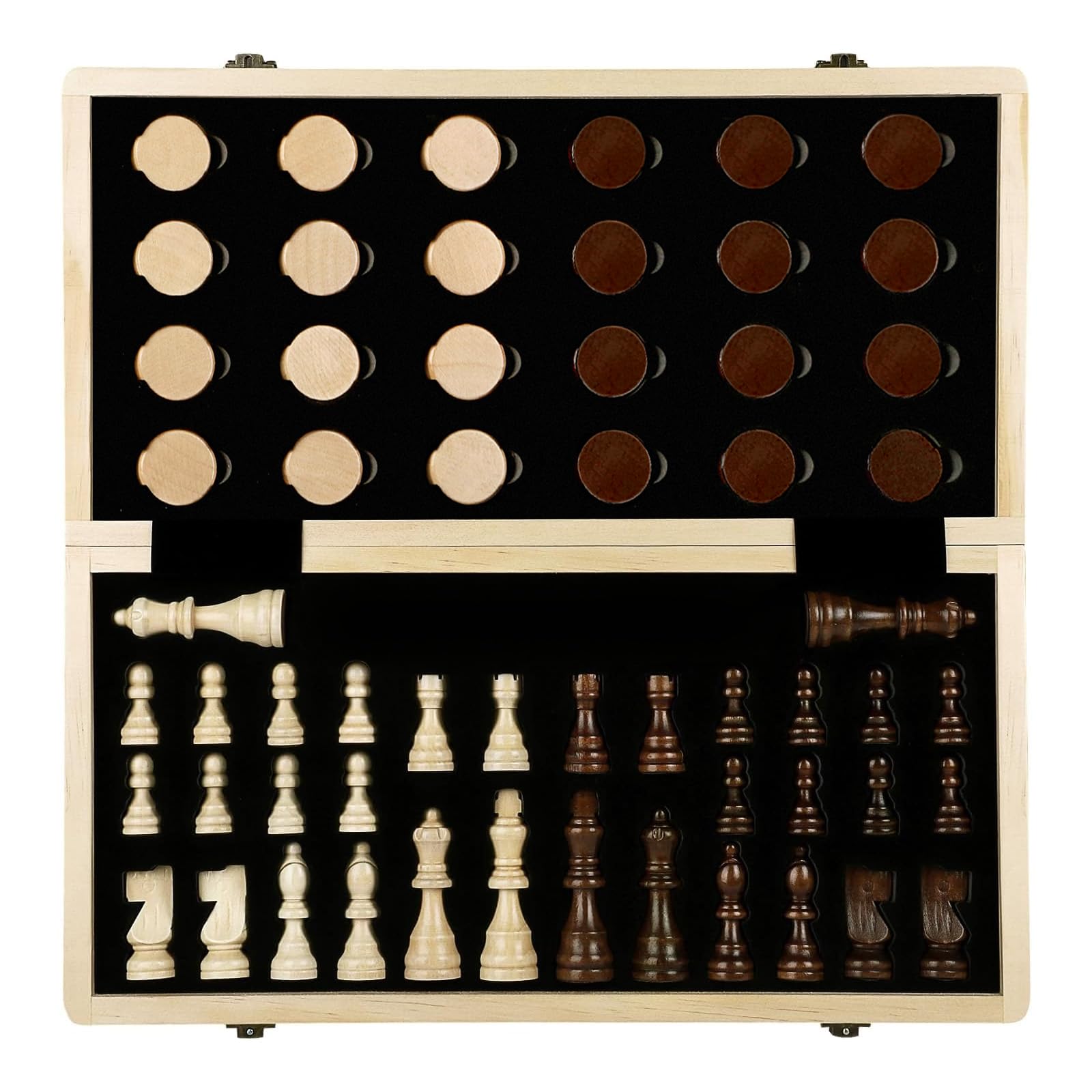LEAP Wooden Chess and Checker Sets - 15" Walnut & Maple Folding Chess Board with 2 Extra Queens | Chess Board Set | Wooden Chess Sets for Adults & Beginer