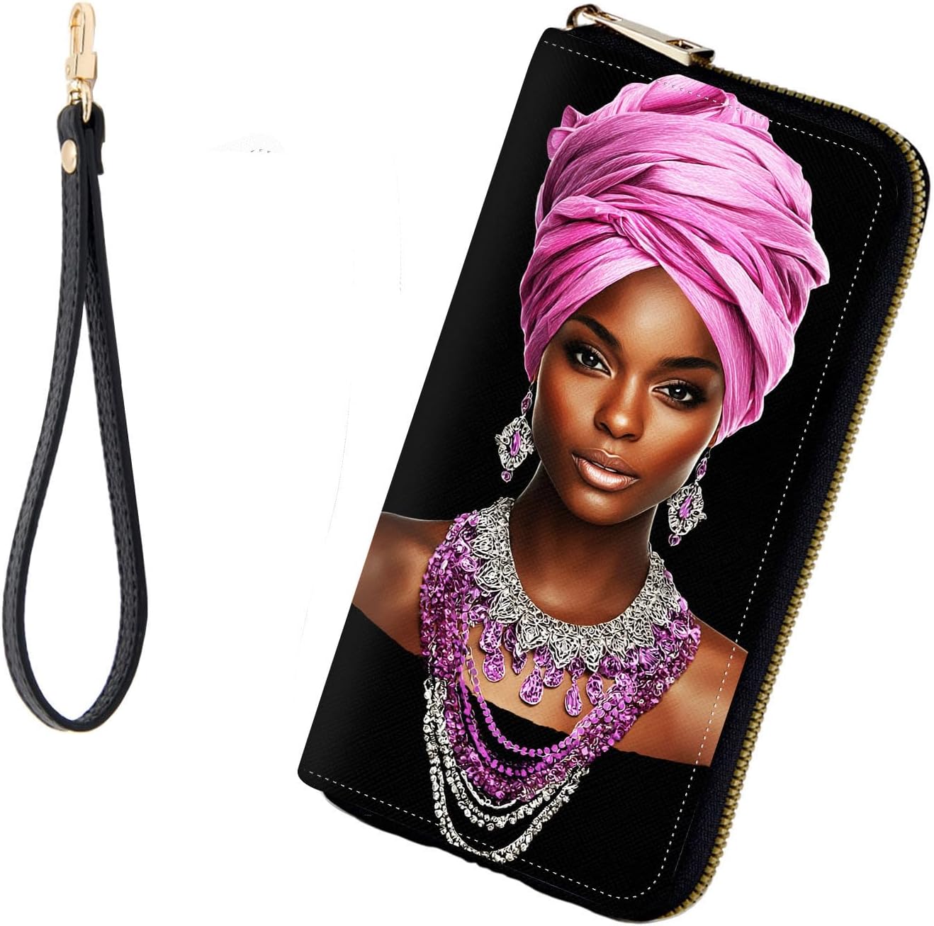 RFID-Blocking Zip Around Wallets for Women with Detachable Wrist Strap, Large Capacity Credit Card Holder for Secure Everyday Use,African American Women