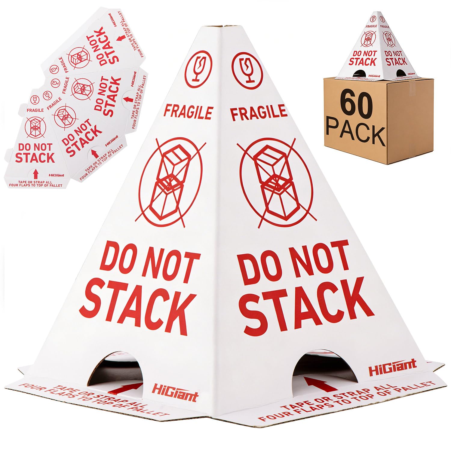 HiGiant 60-Pack Do Not Stack Pallet Cones, 10 x 8 x 8 in Corrugated Cardboard Cones, Red Warning Sign, Reduce Damage in Freight Shipping, Warehouse & Moving