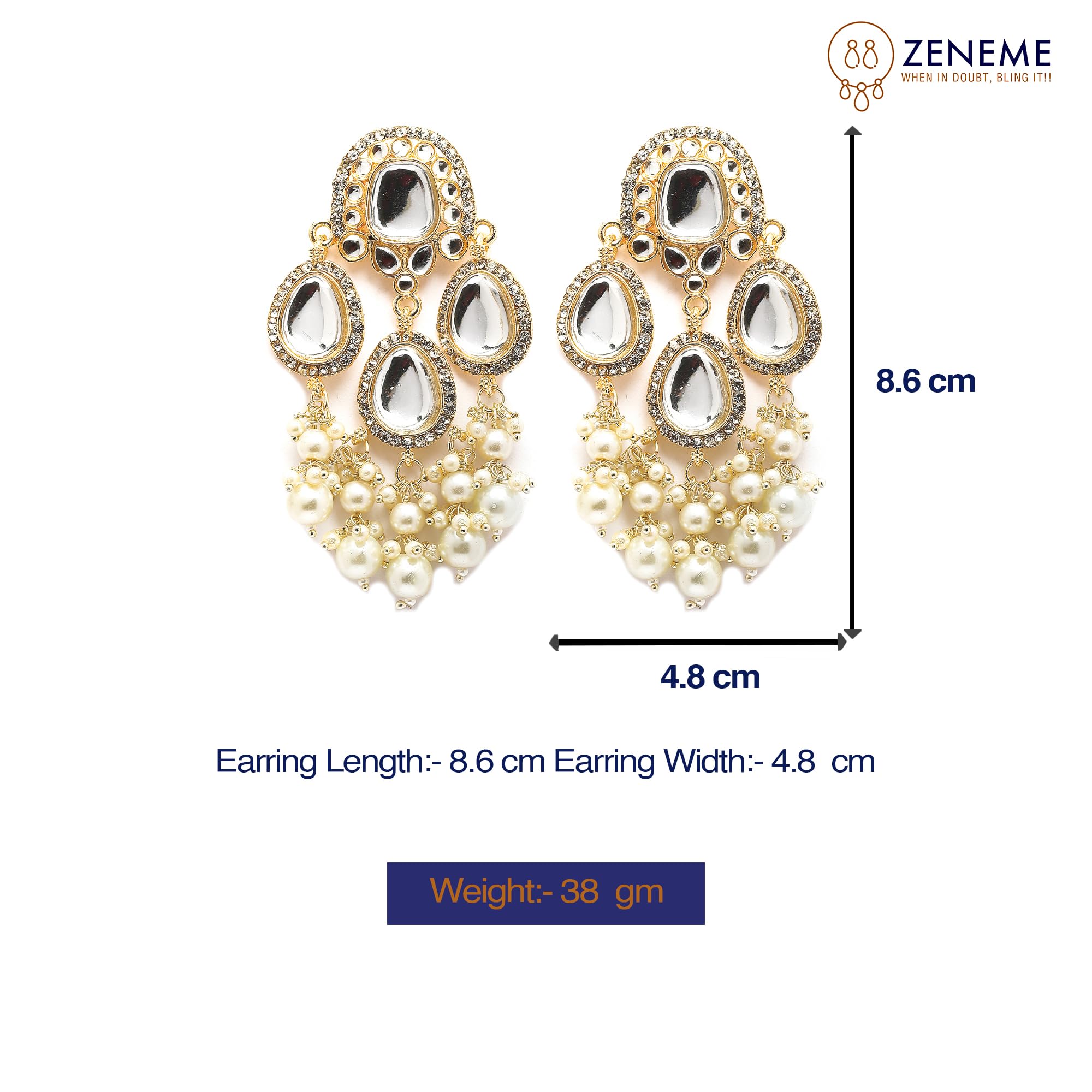 Gold-Plated Kundan & Pearls Teardrop Mirror Earrings