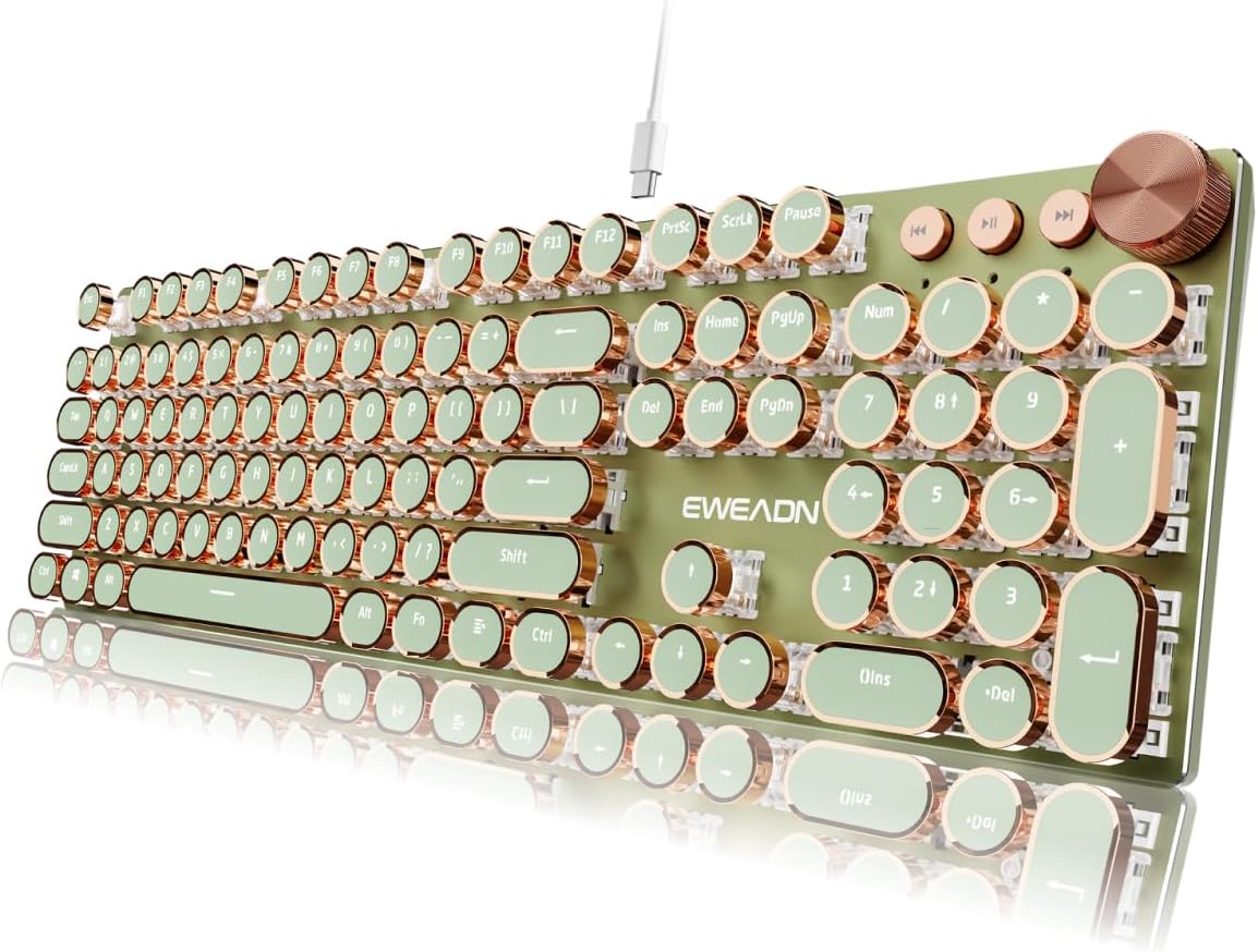 SEUNKWANG EWEADN Typewriter Style Mechanical Keyboard, Wired Typewriter Keyboards,104 Keys Backlit LED Metal Keyboards, Media Control Knob, Wired Computer Keyboard Pink Switch for Windows/PC-Green