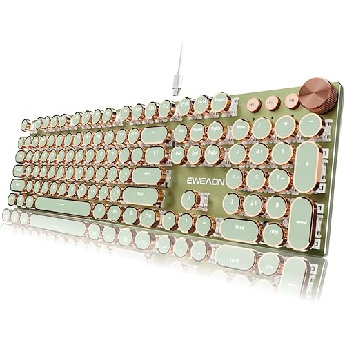 EWEADN Typewriter Style Mechanical Keyboard, Wired Typewriter Keyboards,104 Keys Backlit LED Metal Keyboards, Media Control Knob, Wired Computer Keyboard Pink Switch for Windows/Mac/PC-Green