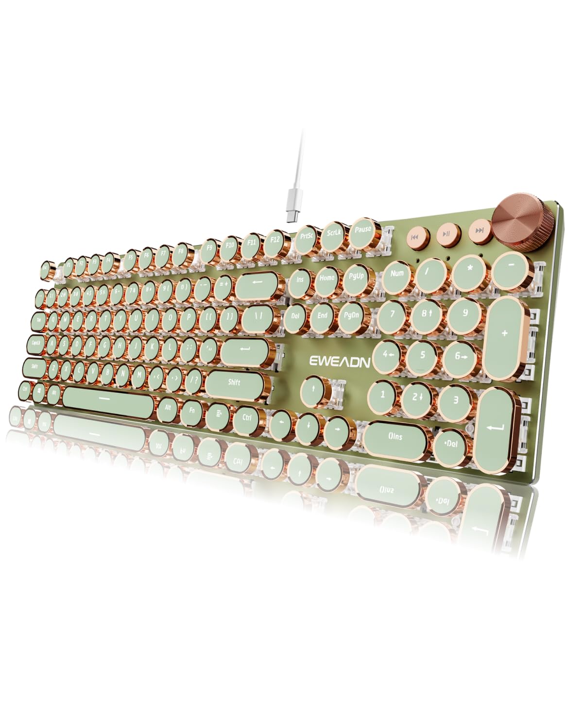 EWEADN Typewriter Style Mechanical Keyboard Wired Typewriter Keyboards 104 Keys Backlit LED Metal Keyboards Media Control Knob Wired