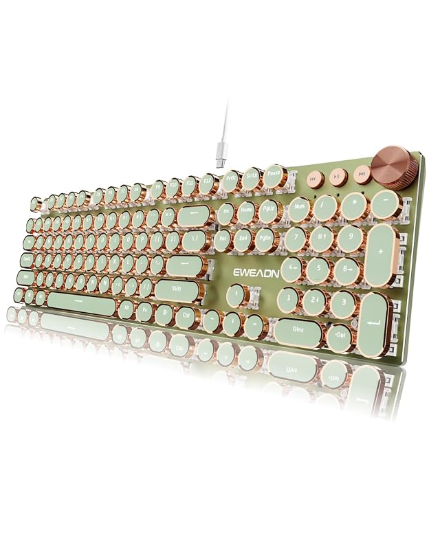 EWEADN Typewriter Style Mechanical Keyboard Wired Typewriter Keyboards 104 Keys Backlit LED Metal Keyboards Media Control Knob Wired