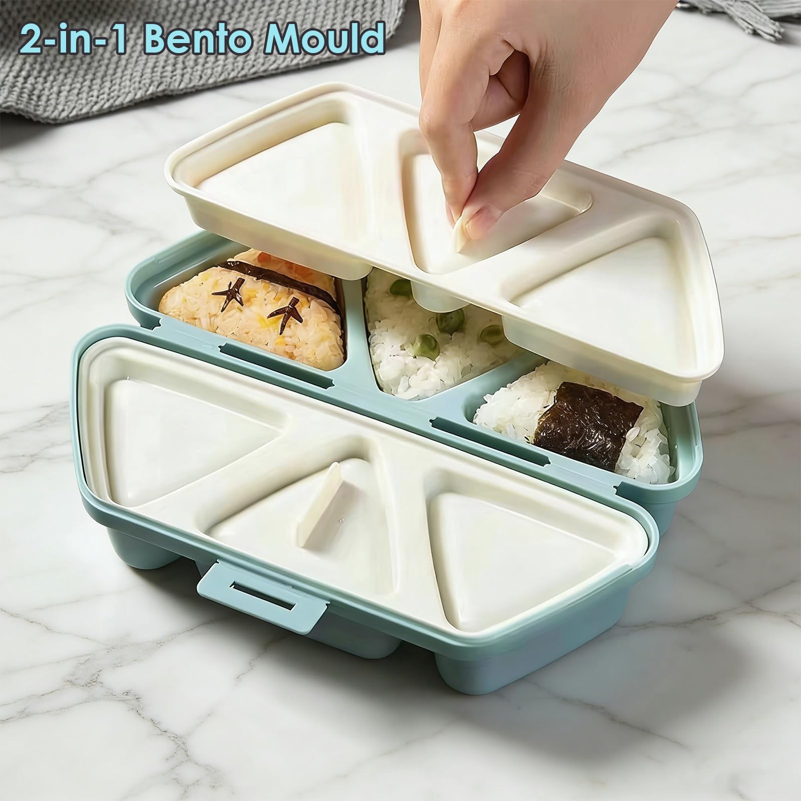 Stampo per Onigiri e Portavivande, 6 in 1 Stampo Sushi Triangolare per 6 Onigiri, Sushi Maker e Scatola di Conservazione, per Pranzo, Picnic e Feste