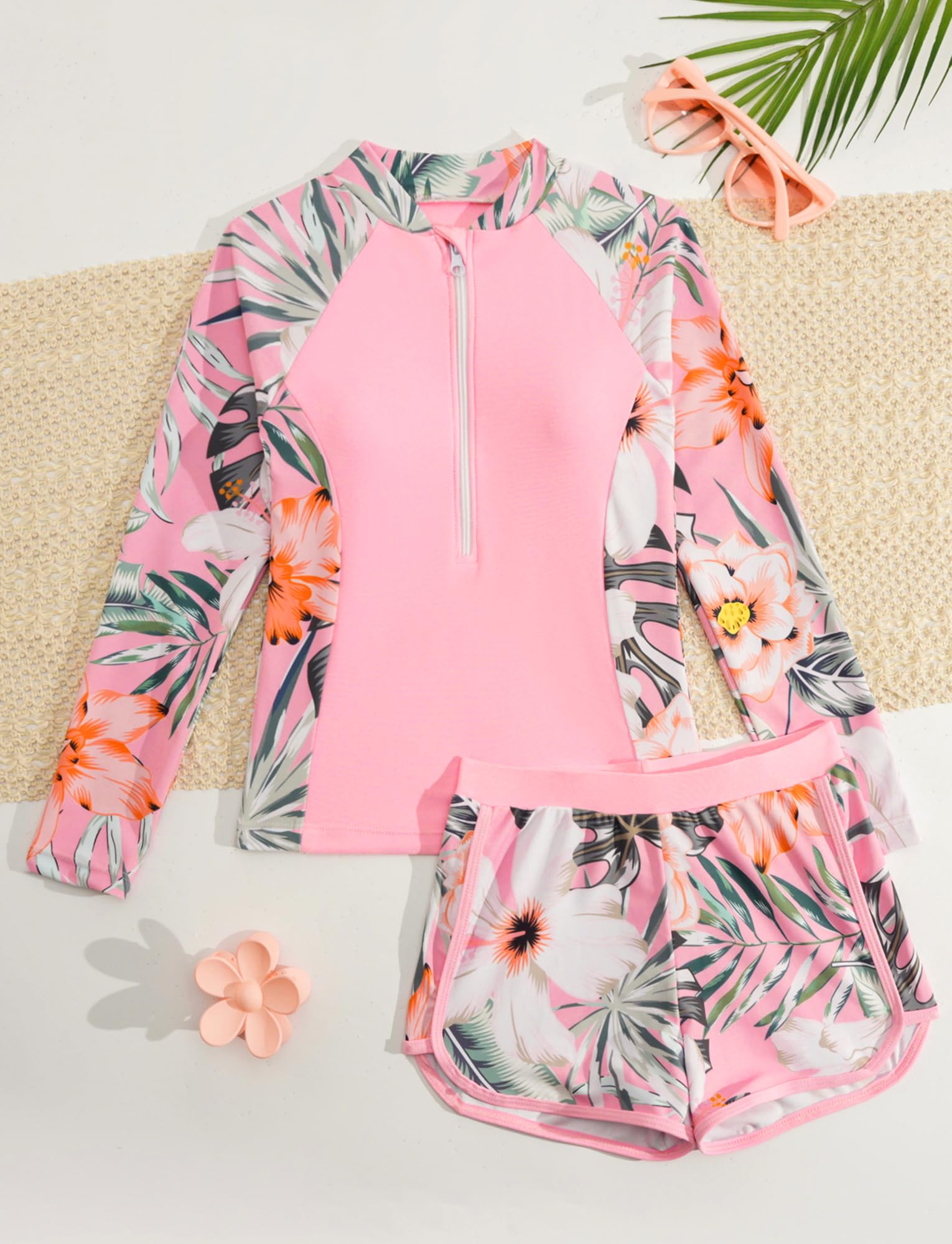 SEAUR Enfant Fille Maillot de Bain 2 Pièces Manches Longues Ensemble Rashguard Protection Solaire Rash Guard 1/2 Zip Séchage Rapide 130-160