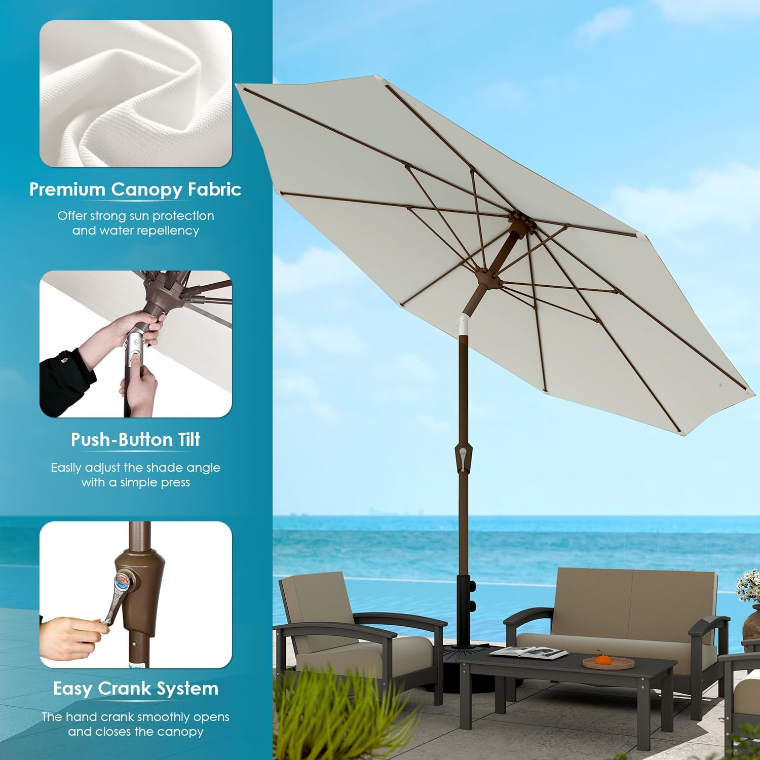 GREENVINES 9-FT-Patio-Umbrella | Outdoor-Table-Umbrellas | 8 Sturdy Fiberglass Ribs | Push Button Tilt & Crank | Waterproof | Market Umbrella | for Pool Backyard Garden Deck | Beige