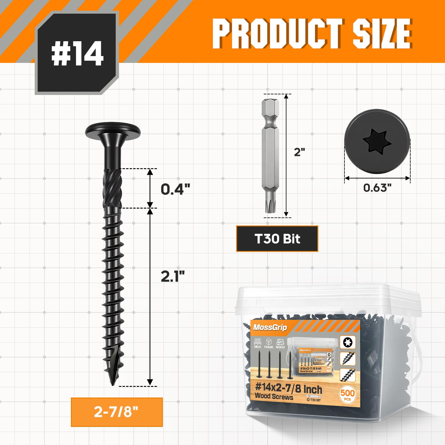#14 x 2-7/8" Lag Screws 500Pcs - Structural Screw for Outdoor Wood, Furniture, Deck & Framing, Black Wood Screws, Rust Resistant, Includes T30 Star Bit & Gloves #14x2-7/8in 500pcs image 3 of 6 B0G3NNV8H7