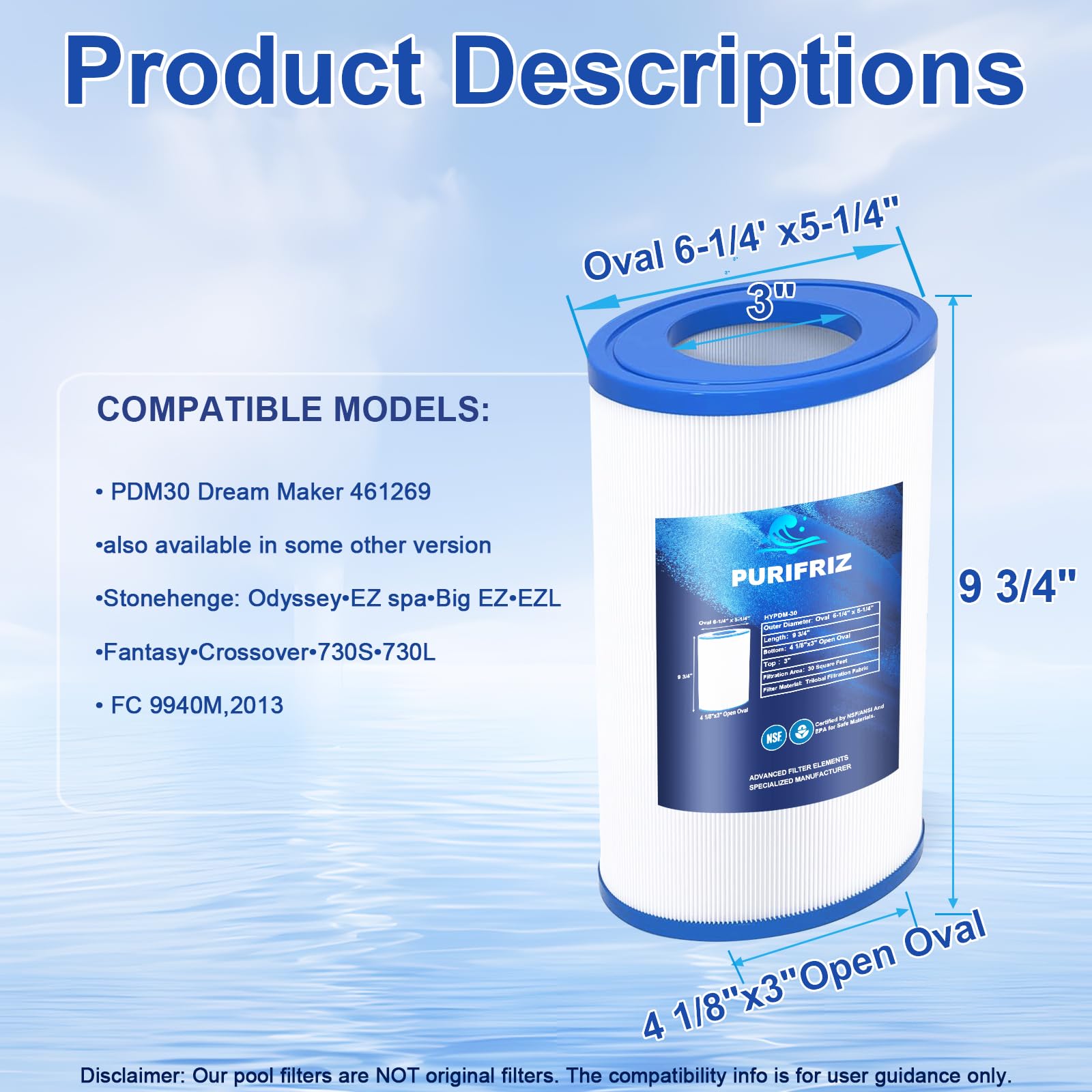 Purelixir NSF Certified PDM30 Spa Filter Compatible with PDM30 for Dream Maker Hot Tubs 461269, Oval Spa Filter, 30 Sq. Ft, L x OD:9 3/4