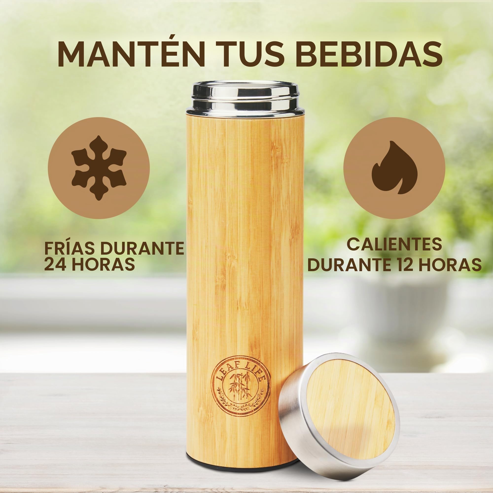 LeafLife Botella Térmica de Bambú con Colador e Infusor de Té 650 ml - Mantiene el Calor y el Frío Durante 12 Horas -Botella de Acero Inoxidable con Aislante al Vacío, Termo Café y Té en Hojas
