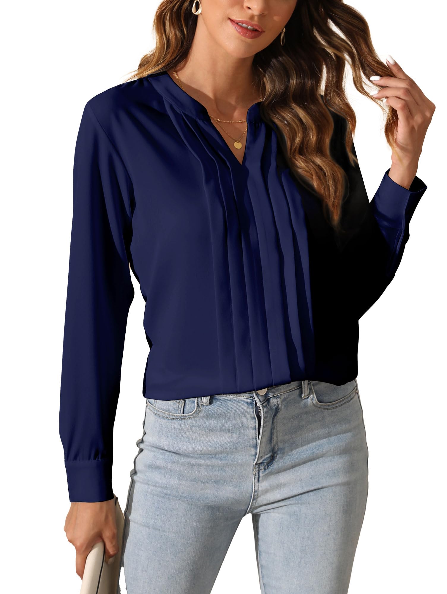 SPRING SEAON Damen Elegant Bluse Langärmliges V-Ausschnitt Jacke für Freizeit und Büro，Faltendesign vorne Chiffon Hemd