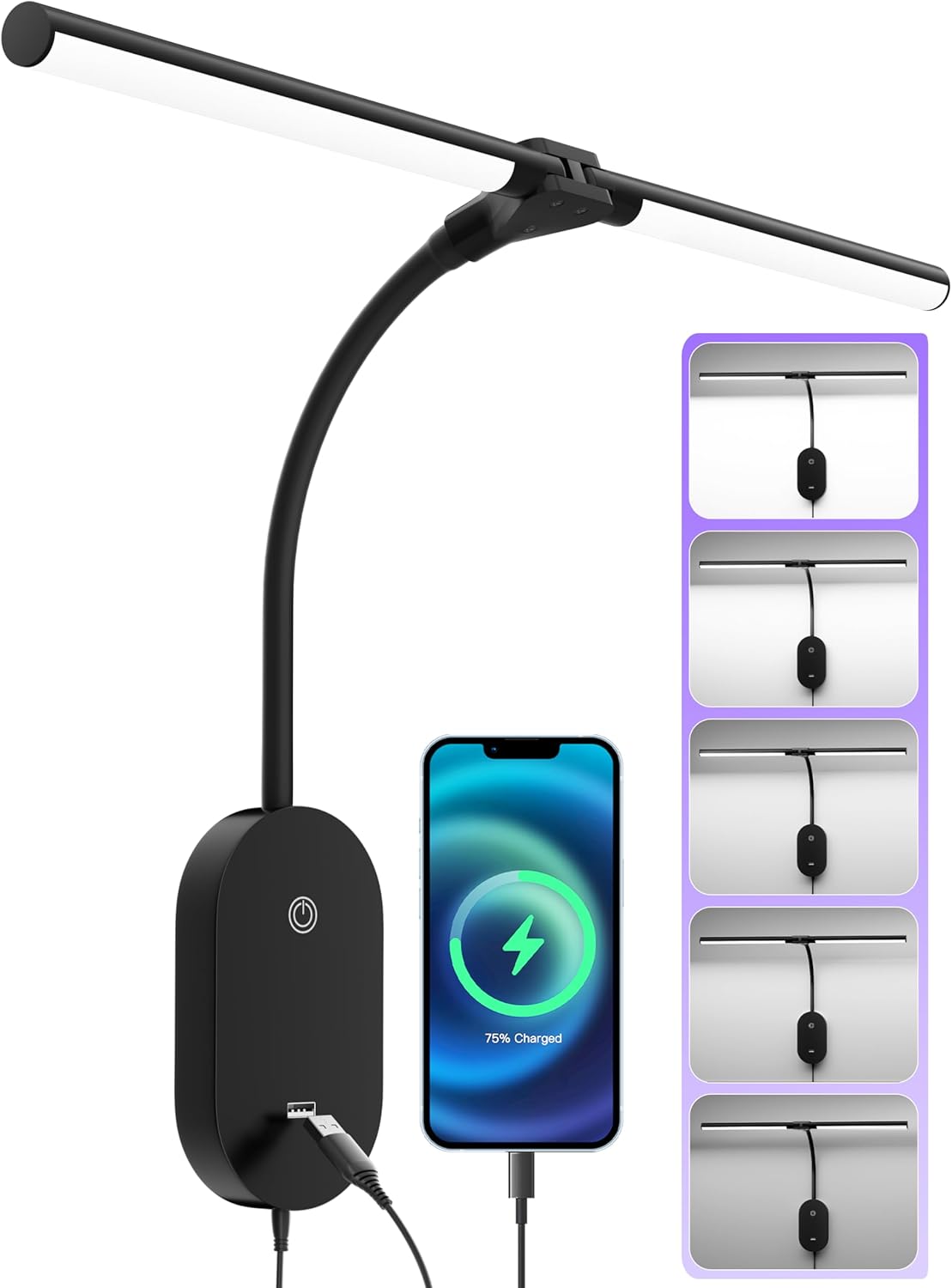 LED Wall Mounted Reading Light for Bed, 2 Heads Ultra Long Book Lights with USB Output, Wall Reading Lamps with Bright 5 Dimmable Touch Control,4 Hour Auto Off in 360°Gooseneck Headboard Bed Light