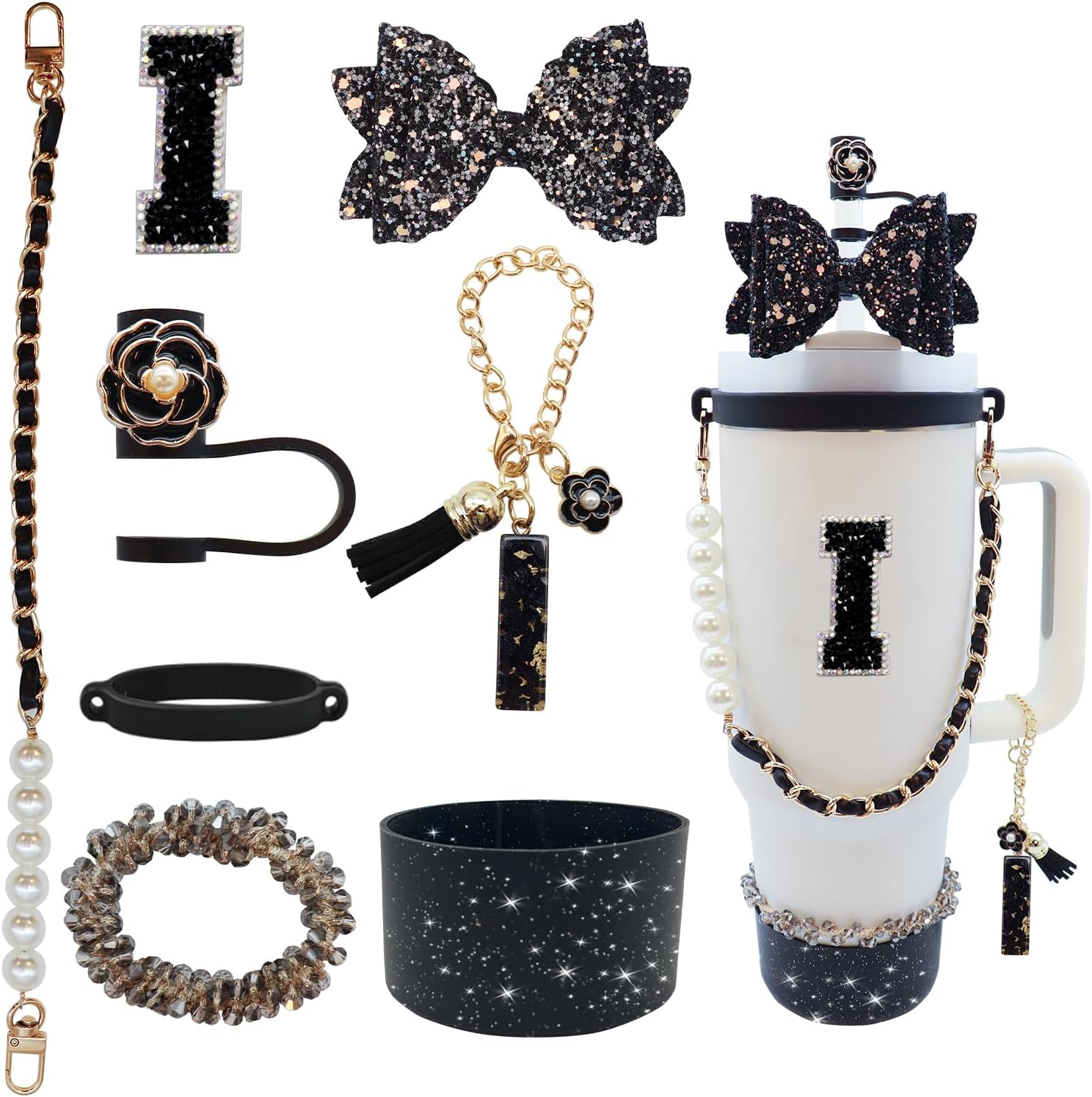 8PCS Black Bow Bling Stanley Cup Accessories Set for 30&40oz-I