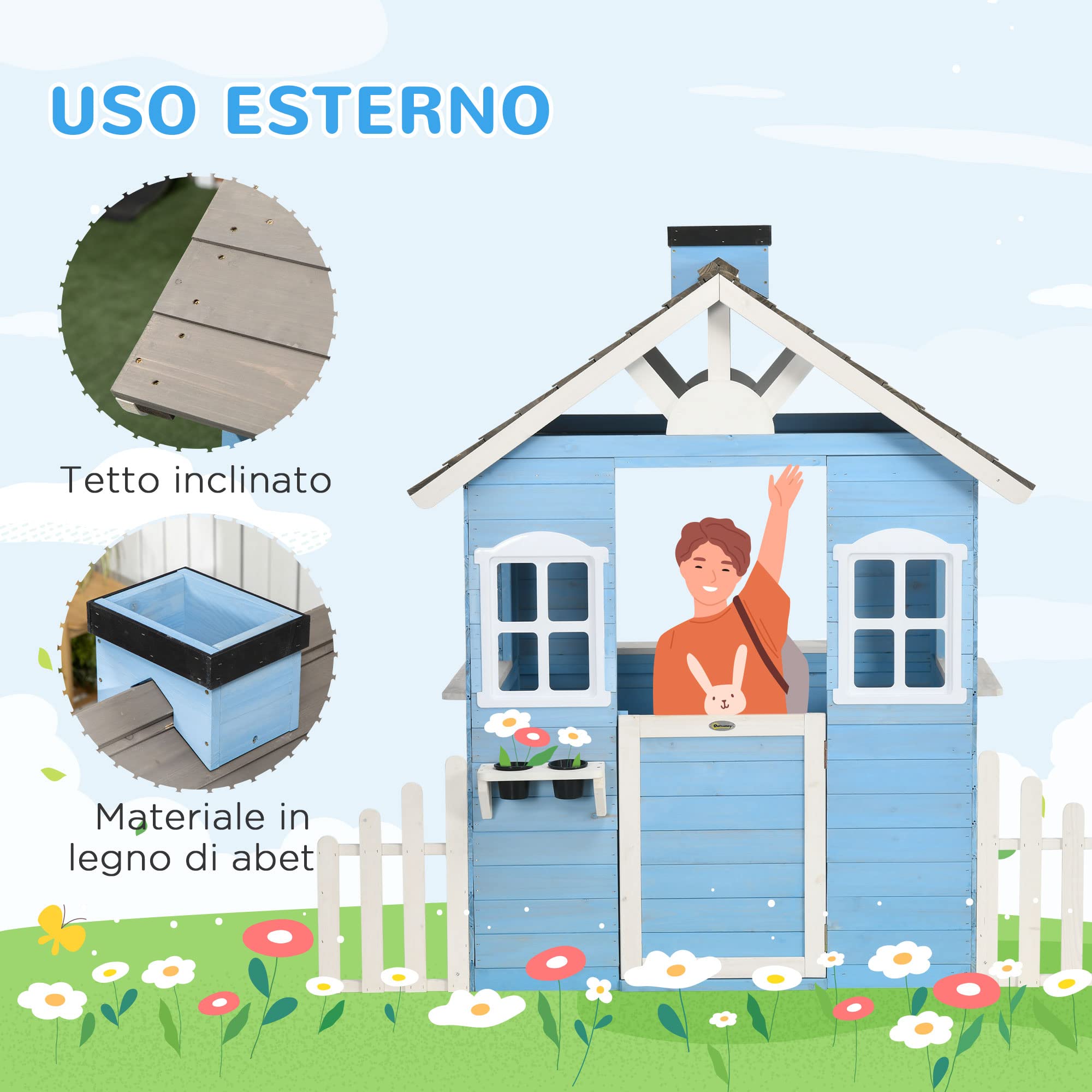 Outsunny Casa per Bimbi 3-7 Anni con Staccionata, Portavasi, Porta e Finestre, Casetta per Bambini in Legno di Abete, 151x112.5x142 cm, Blu