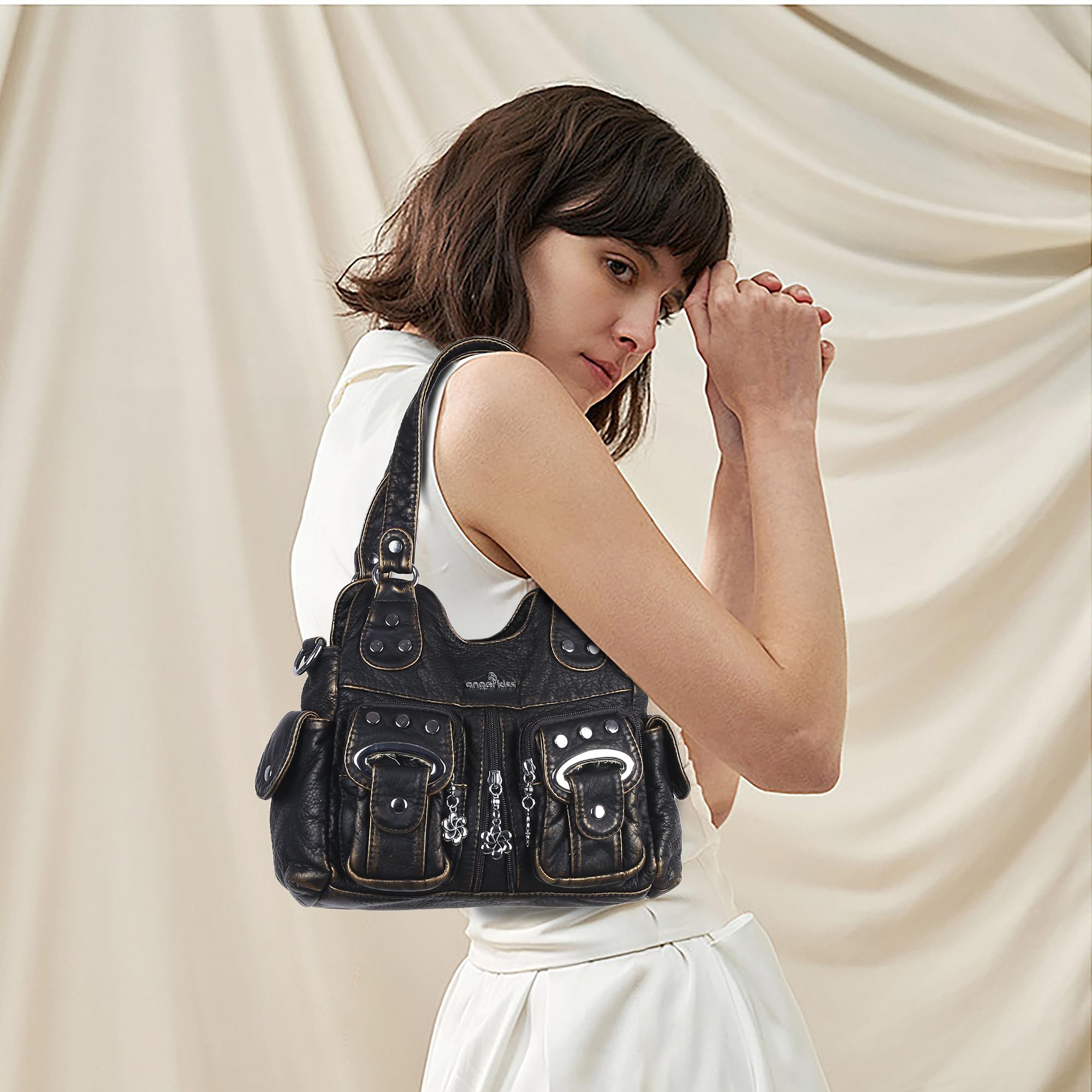 Angel Kiss Piccola borsa a tracolla da donna, in ecopelle lavata con molteplici tasche, borsa a mano con tracolla regolabile