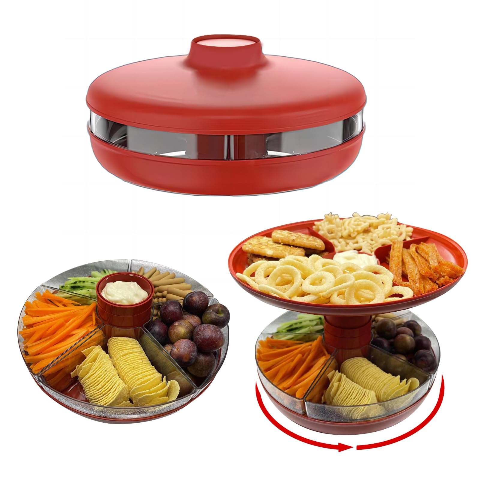 Lazy Susan Snack Serving Tray with Lid,11" Rotating Taco, Chip & Appetizer Platter - 5 Compartment Fruit,Veggie & Snack Organizer for Parties, Game