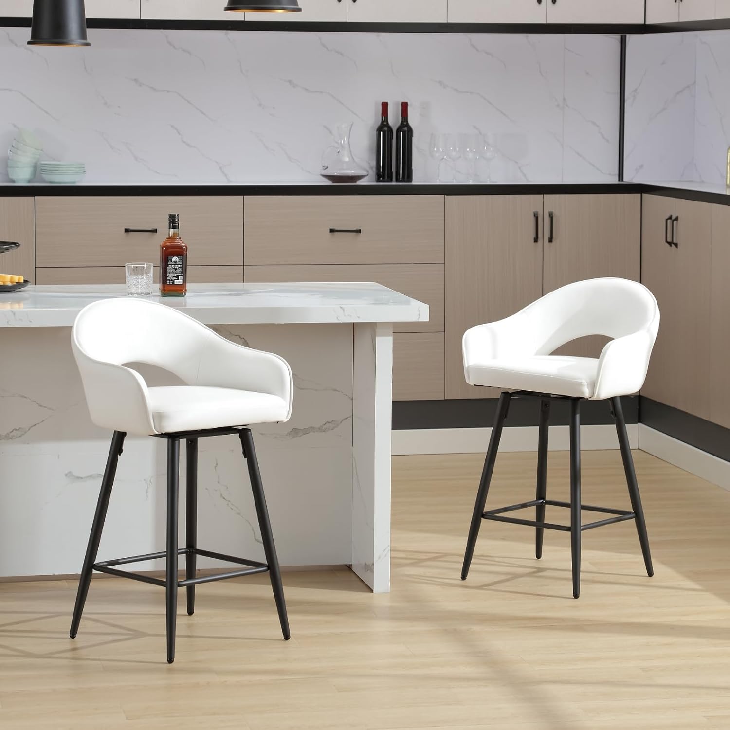 LukeAlon PU Leather Swivel Counter Stool Set of 4, Open Back 27" Seat Height Low Bar Stools with Metal Legs Modern Kitchen Stools with Footrest for Home Bar Dining Room, Cream White