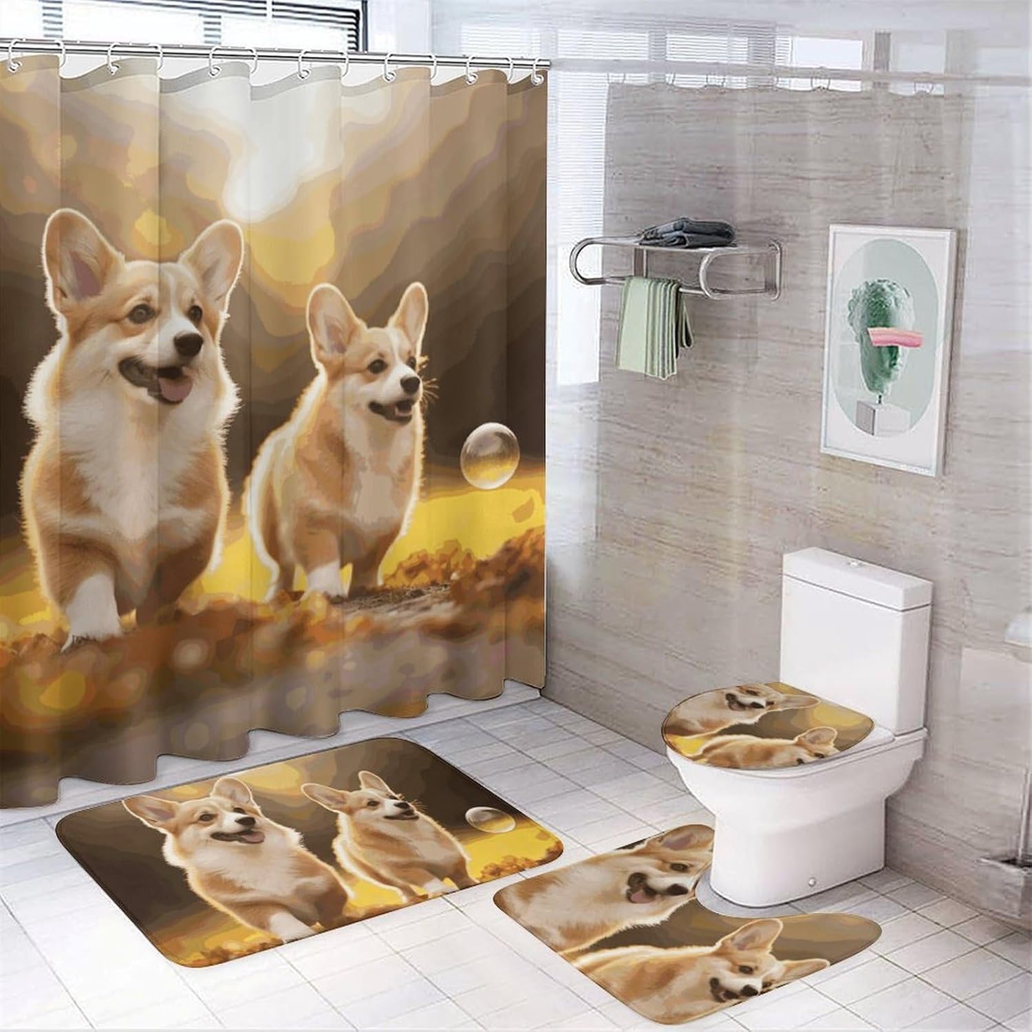 Cute Corgi Dog Shower Curtain Set 4 Piece, Non-Slip Bath Mat with Toilet Lid Cover and Waterproof Shower Curtain with 12 Hooks, Complete Bathroom Set for Home Decor