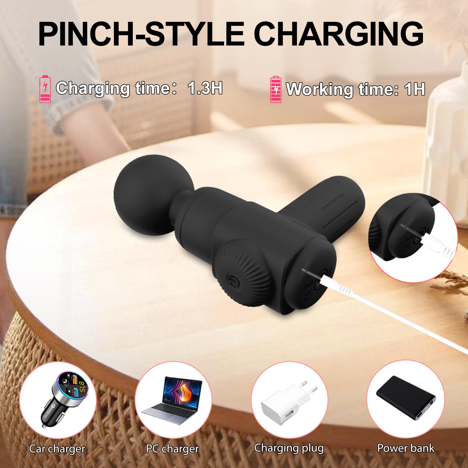 Handmassagegerät für Frauen, Mini Leistungsstarkes Tiefengewebe-Massagegerät zur Schmerzlinderung von Rücken, Nacken und Muskeln, wasserdicht, tragbar mit 10 Vibrationsmodi (Schwarz)