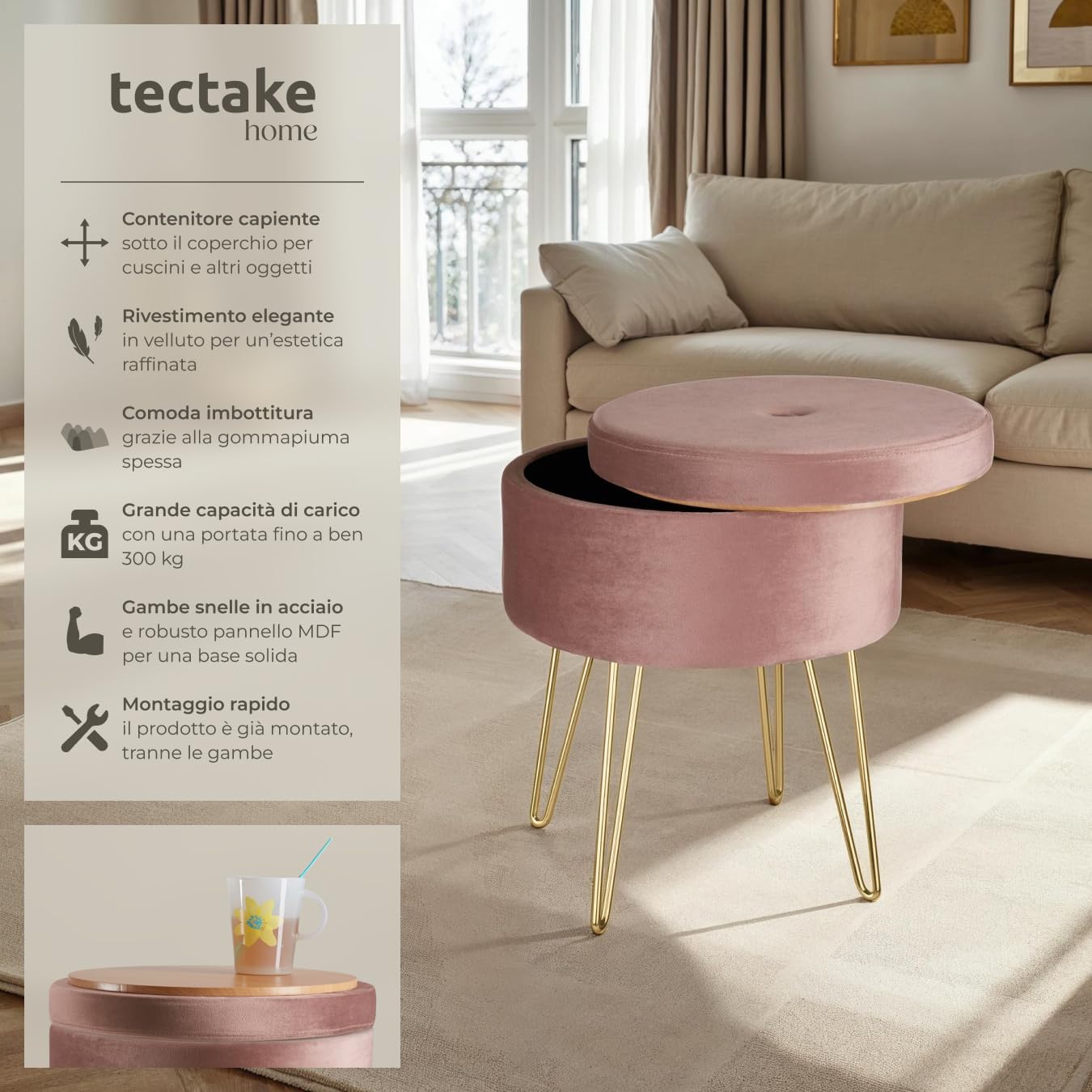 tectake® Sgabello Rotondo Vellutato, Pouf Contenitore, Effetto Velluto, Pouf Poggiapiedi, Grande Scomparto Interno, Pouf Letto, Gambe Oro Scintillanti, Capacità Massima 300 kg - Rosa