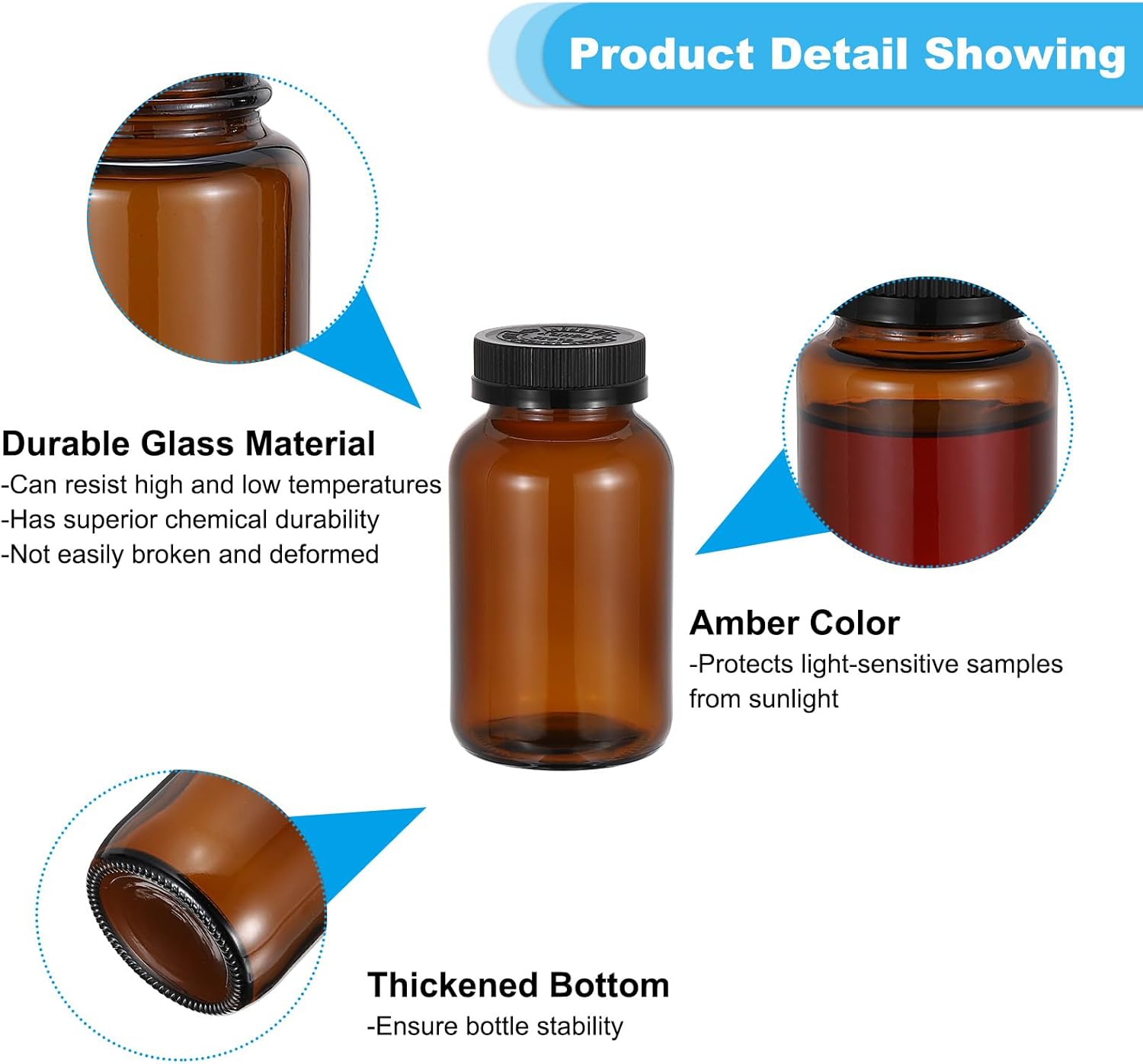 PATIKIL 8.5oz/250ml Glass Packer Bottles, 12Pcs Round Wide Mouth Bottle Packer Bottles with Black Ribbed Lid for Reagent Liquids, Essential Oils, Perfume, Amber