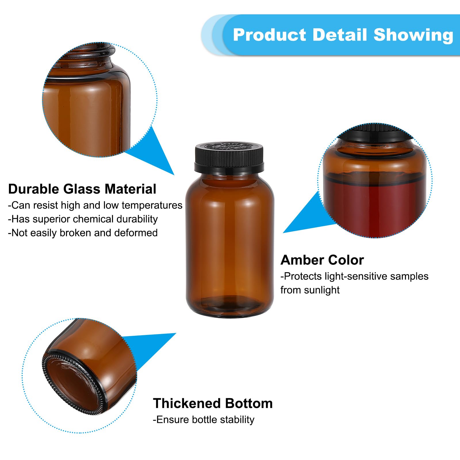PATIKIL 8.5oz/250ml Glas Packer Flaschen 24Stk Runde Weithalsflaschen Packer Flaschen Mit Schwarzem Rippendeckel Für Reagenzien Flüssigkeiten Ätherische Öle Parfüm Bernstein