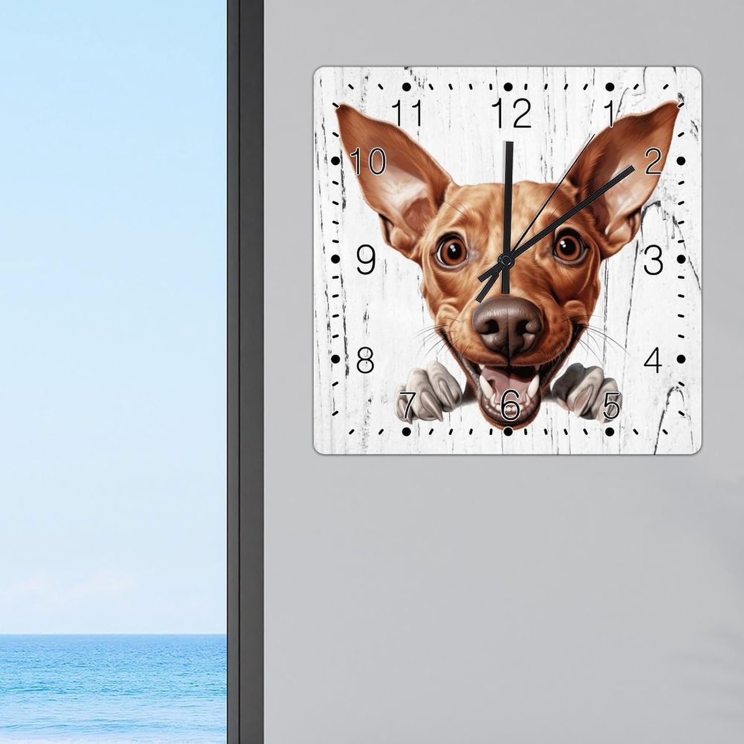 Cirneco Dell’Etna Cute Funny Peeking Dog Puppy Clocks Cirneco Dell’Etna Wall Clocks Battery Operated Square Clocks Pet Memorial Decorative Wall Clock for Bathroom Bedroom 12x12in