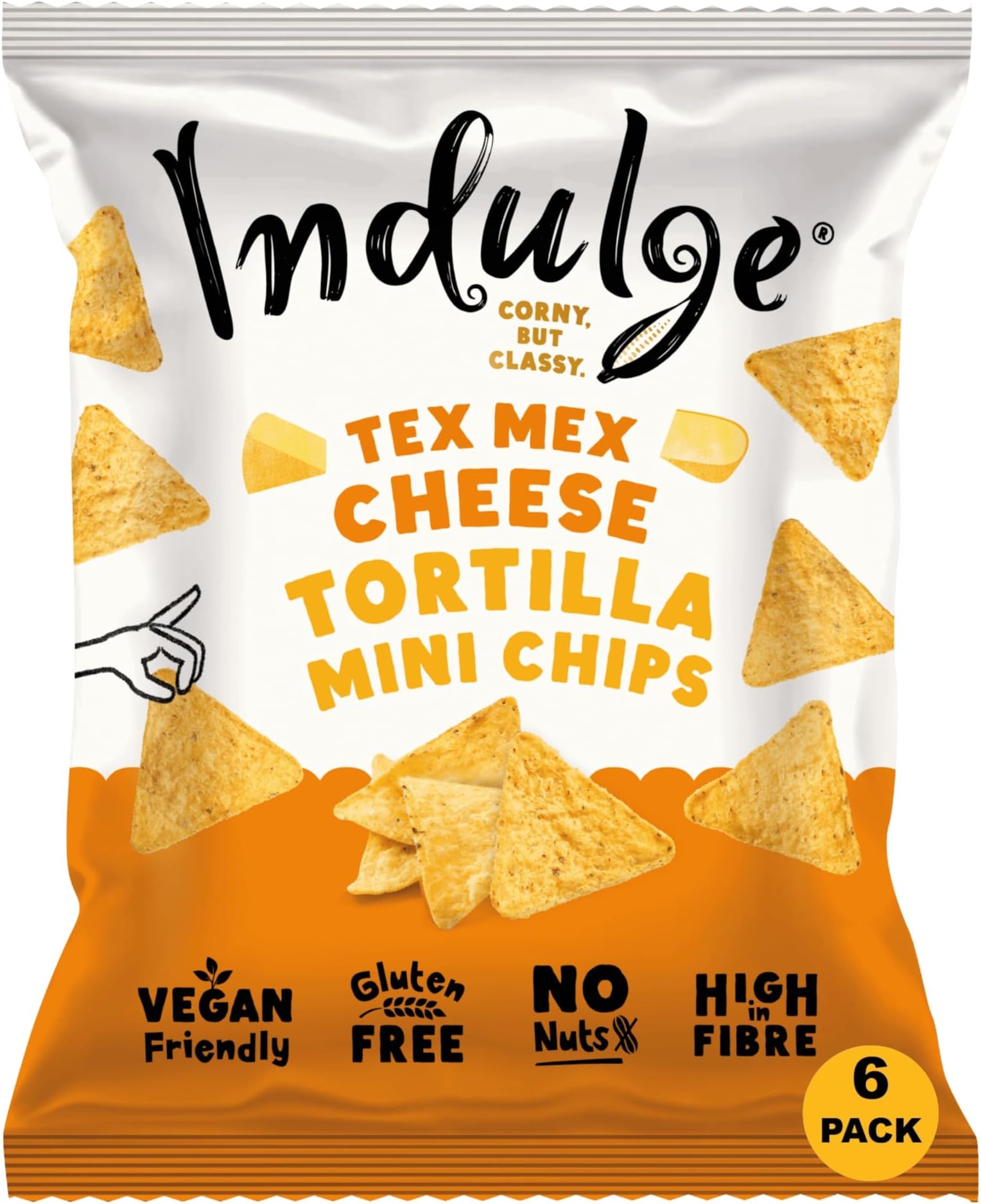 Indulge Tortilla Mini Chips - Tex Mex Cheese Flavour - Gluten Free, Low Salt, Low Fat, Nut Free, Vegan - 20g x 6 bags