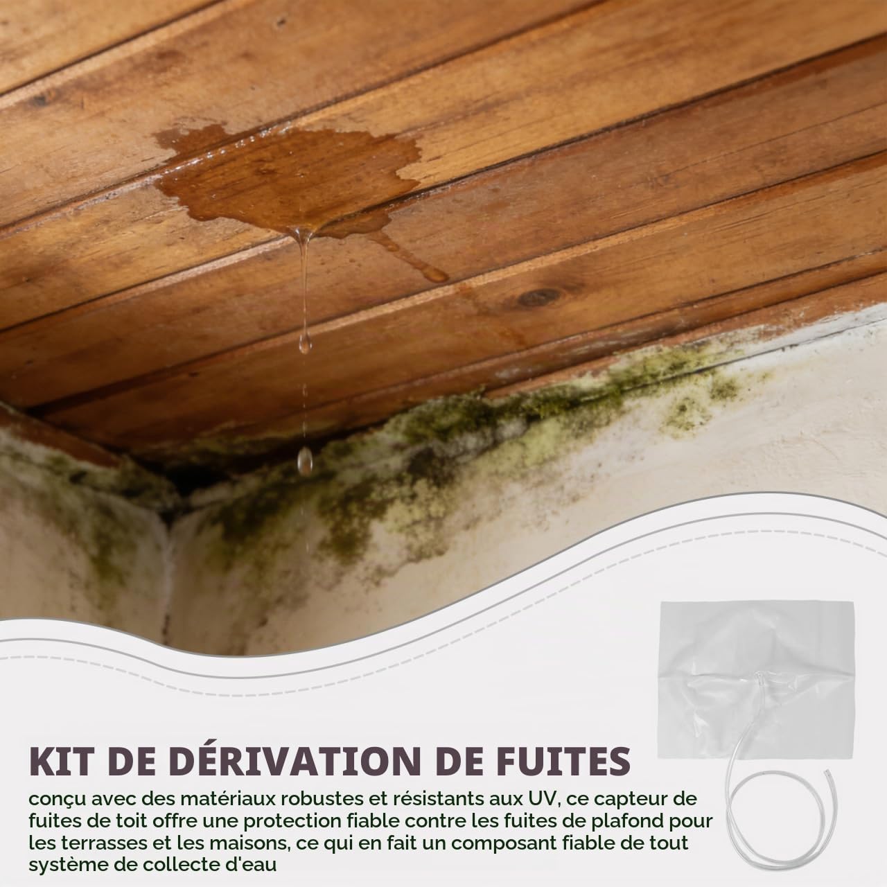 Didiseaon Bâche de Récupération d'eau de Pluie 120x100 Cm avec Bac Collecteur et Tuyau D'évacuation 4 Mètres, Kit Complet pour Dérivation des Fuites Plafond et Toiture, Étanche et Solide