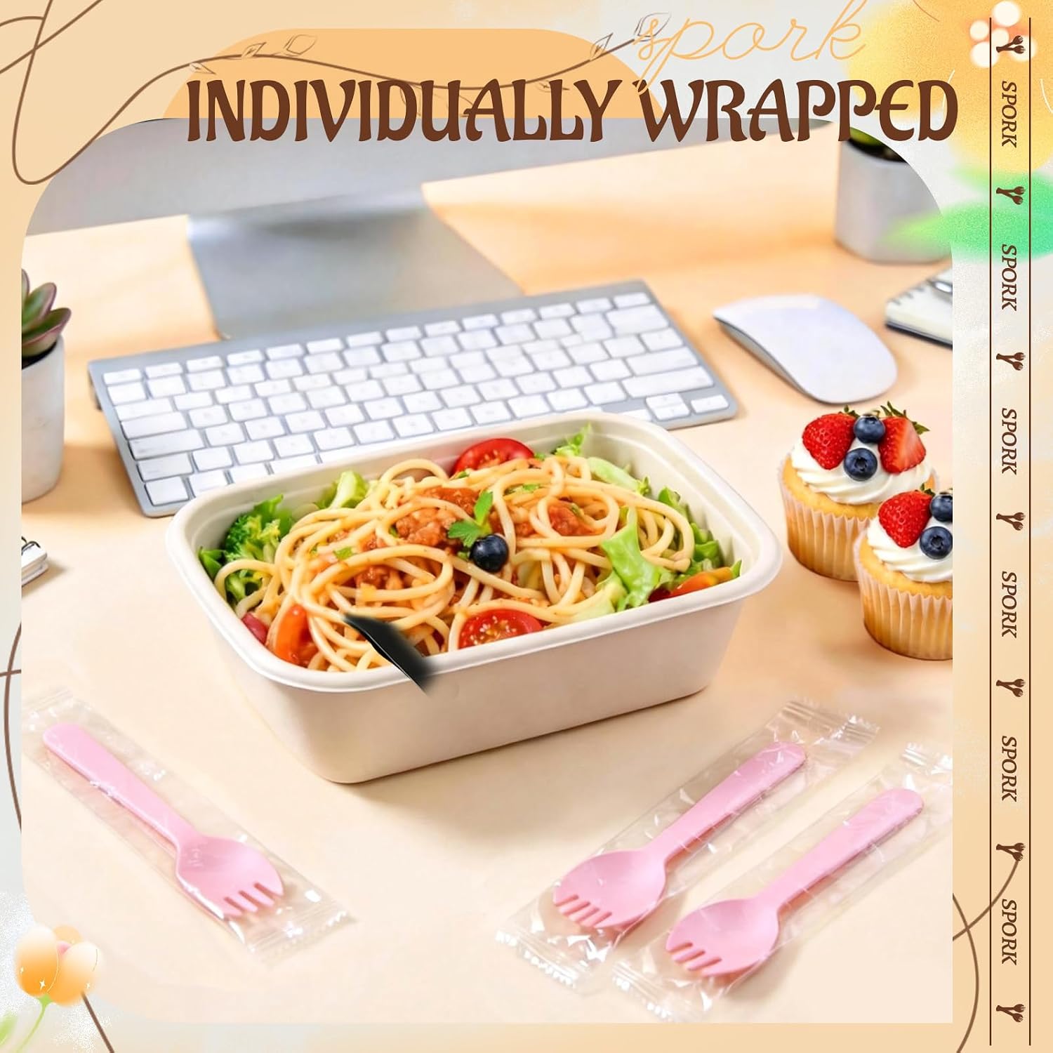 200Pcs Mini Plastic Sporks, 4.2 Inch Disposable Spoon Fork Combo, Individually Wrapped Pink Utensils for Desserts, Appetizers, Parties, Office Snacks, Restaurants, Catering & To-Go Use image 4