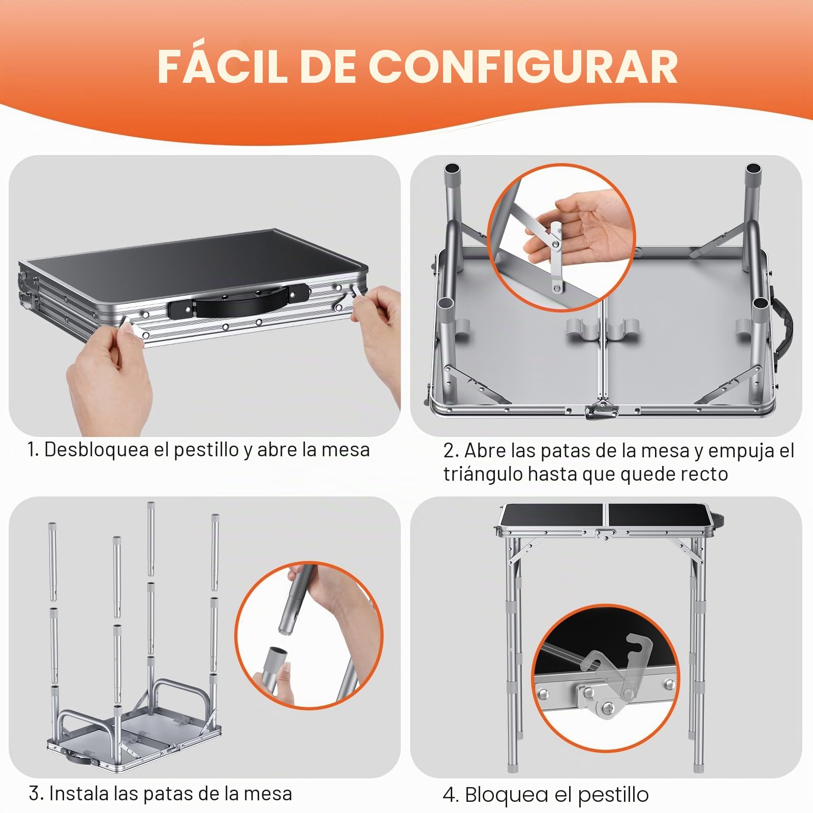 FUNYKICH Mesa Plegable de Camping, Mesa de Picnic Portátil de 3 Alturas Ajustables, Ligera de Aluminio para Exteriores con Asa de Transporte para Camping, Picnic, Barbacoa, 58x40 cm, Plata