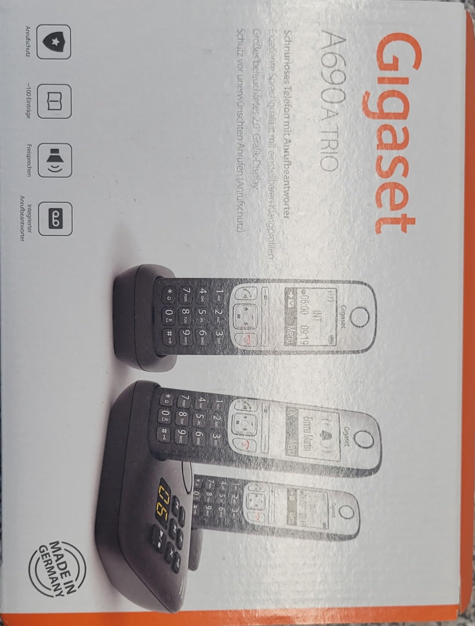 Gigaset A690A Trio Schnurlostelefon Anrufbeantworter mit Rufnummernanzeige ECO DECTGAP Schwarz + 2 zusätzliche Handsets