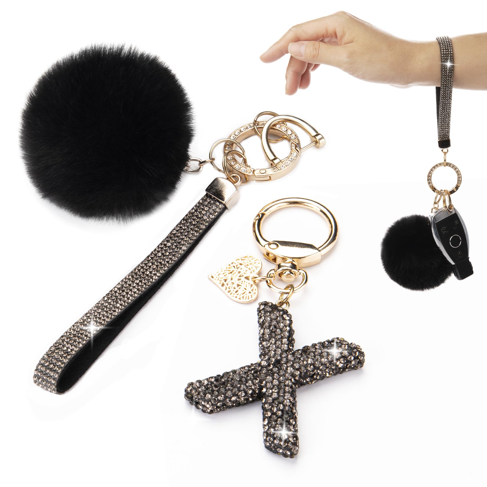 Initial Letter Keychain for Women Girl Bling Rhinestone Sparkly Bag Backpack Purse Charm Cute Pom Pom Key Chain Wristlet