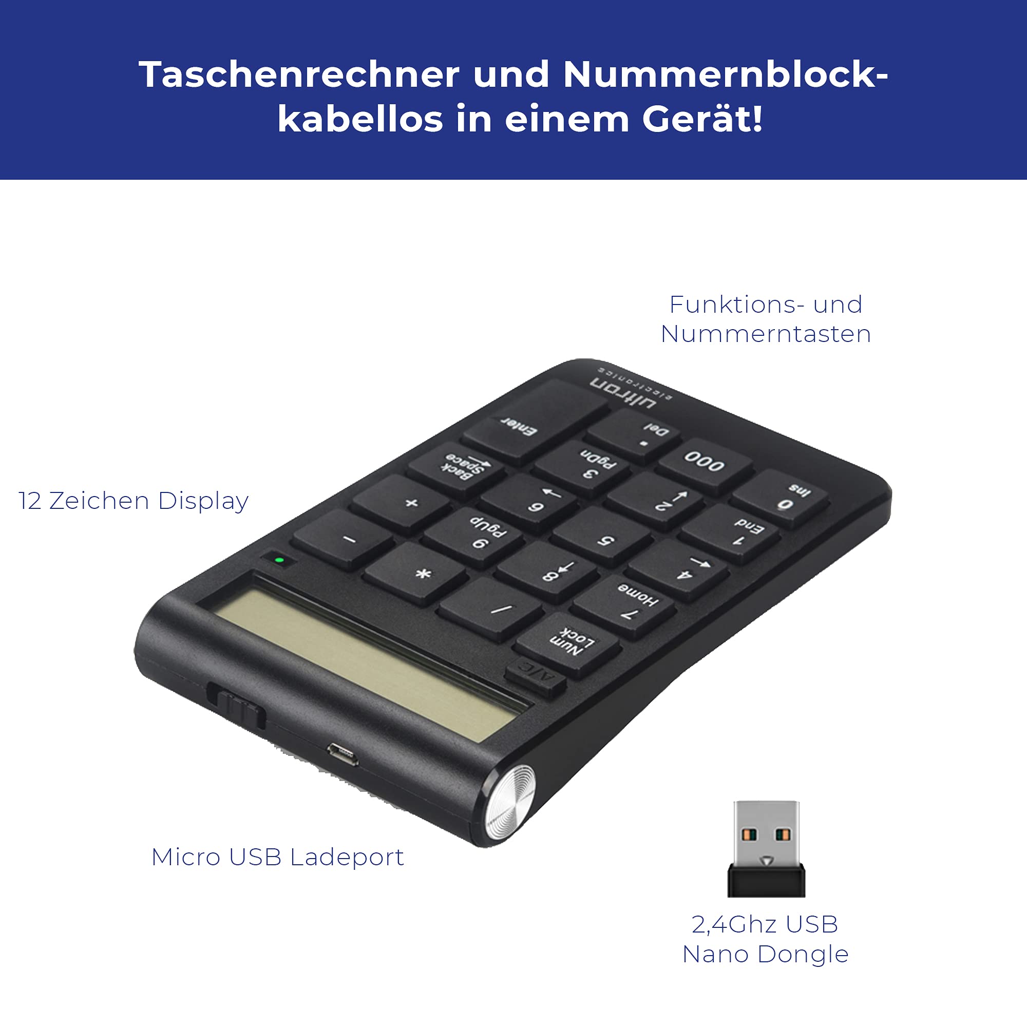 Ultron Numpad - Blocco numerico UN2, 2,4 GHz, calcolatrice USB Senza Fili, Numpad Wireless con Funzione Multi-Funzione 20 Tasti, Tastiera con Display per MacBook, PC e Laptop