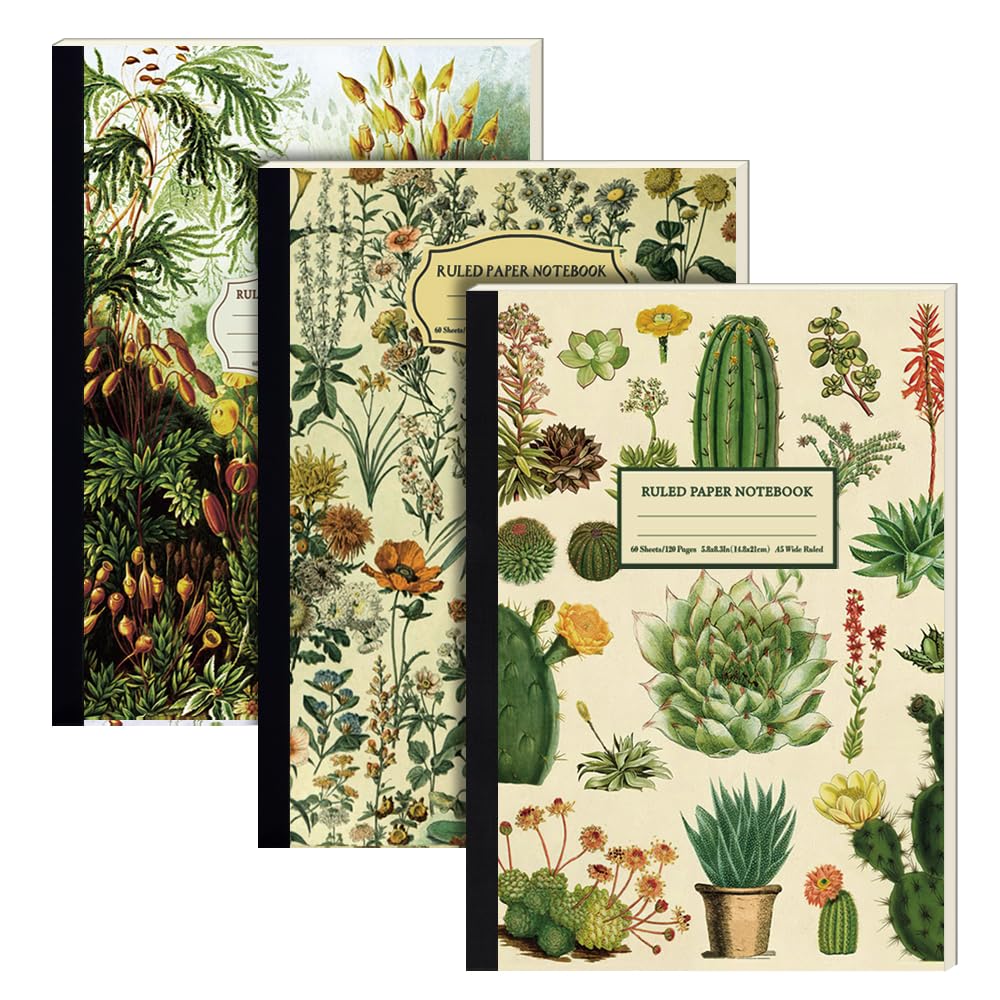 Mifuner 3Pcs A5 Lined Paper Journaling Notebook, 5.8x8.3In Wide Ruled Paper Notebooks for Work, 60 Sheets(120Pages) Hardcover Ruled Notebooks, Variety of Cover Designs Ruled Notepad. Plant 3