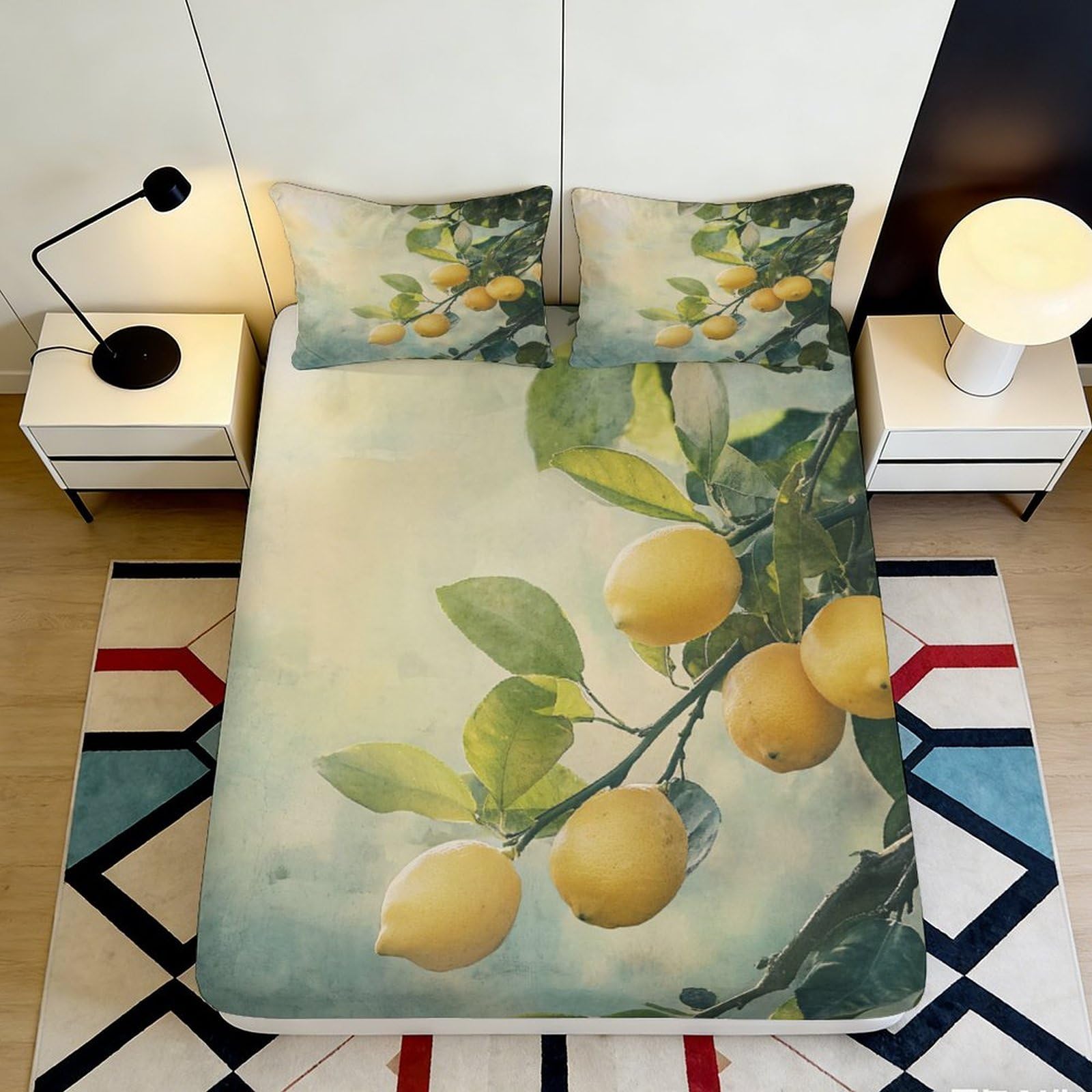 3D Printed Lemon Branch Fitted Sheet Microfiber Soft Breathable Citrus Orchard Bed Cover for Bedroom Guest Room Dorm Mattress Protection Decor 120x200x25cm