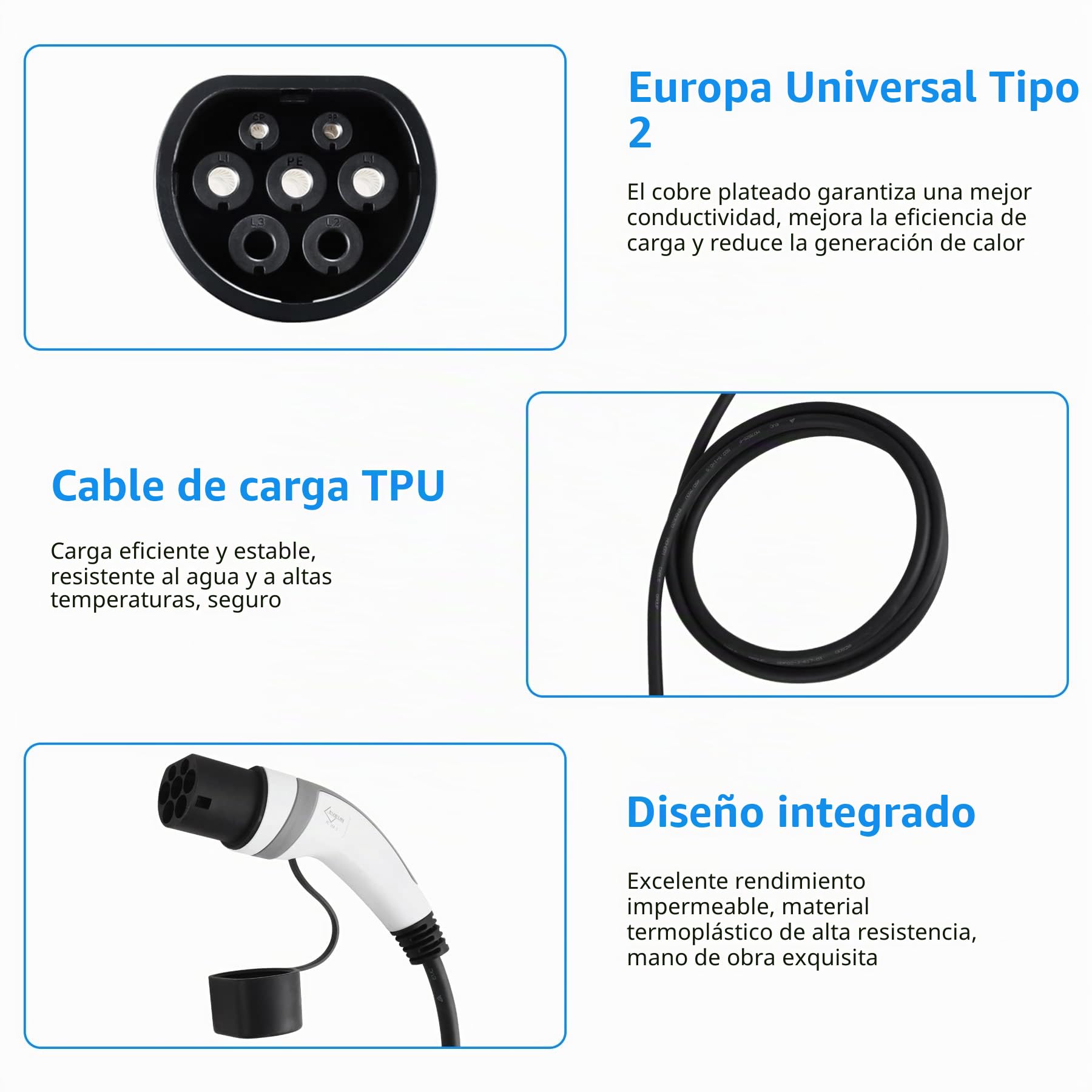 Cable de Carga de Vehículos Eléctricos Tipo 2 32A, 22 kW, 3 m, Trifásica | Para Vehículos Eléctricos e Híbridos Enchufables; Compatible con ID.3, ID.4, Model 3, e-Tron, ZOE, Leaf y e-Golf