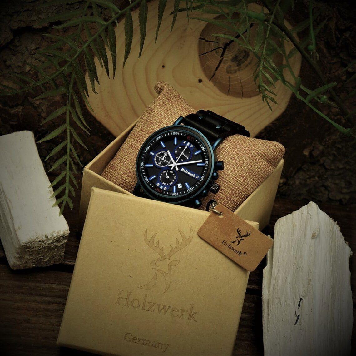 Holzwerk Germany Ręcznie wykonany designerski zegarek męski ekologiczny naturalny drewniany zegarek chronograf bransoletka zegarek analogowy zegarek kwarcowy niebieski brązowy data drewno tarcza