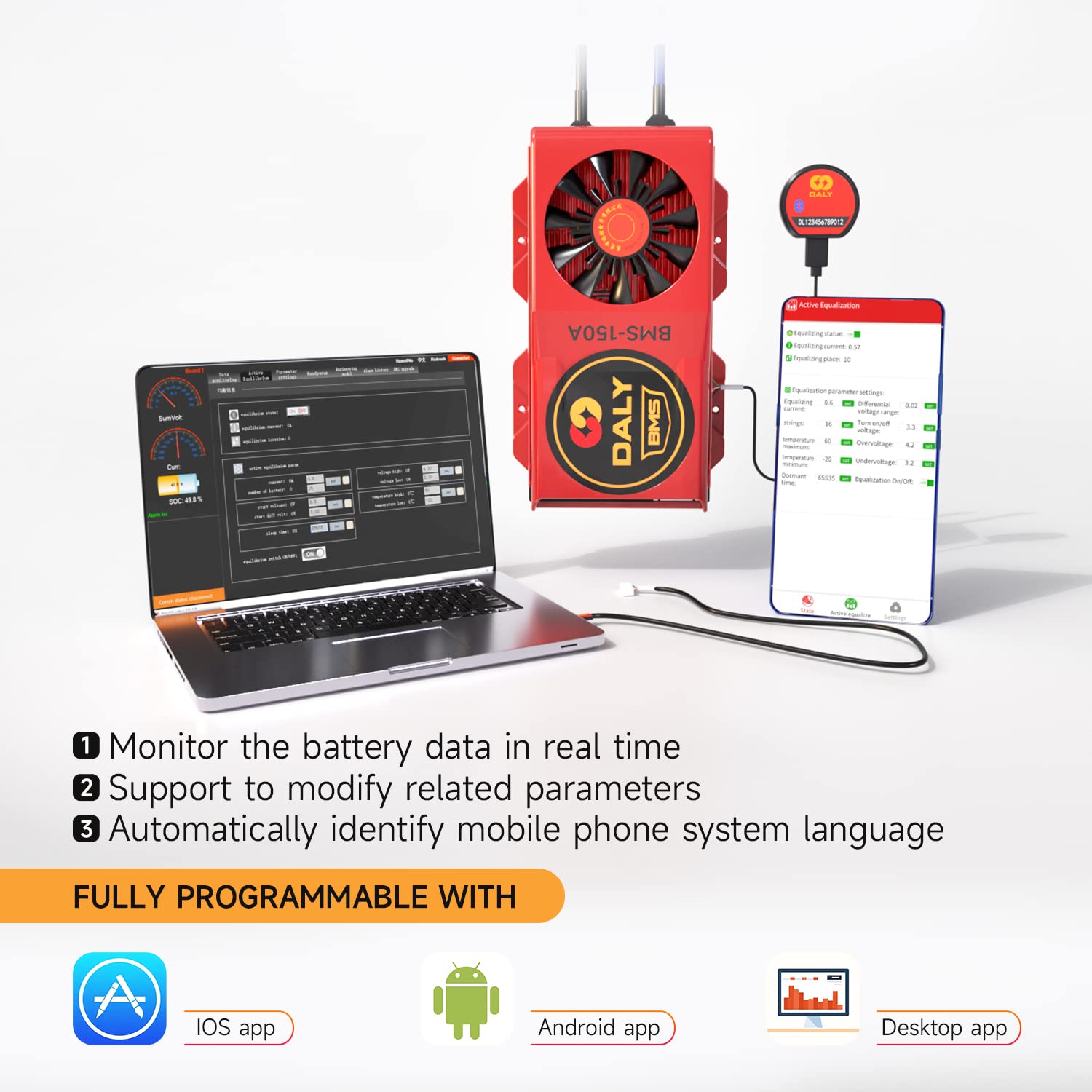 DALY Smart BMS LiFePo4 8S 24V 150A con ventola di raffreddamento, modulo Bluetooth per app di monitoraggio dei dati visibili, comunicazione UART per batteria al litio da 3,2 V nominale bms 24v