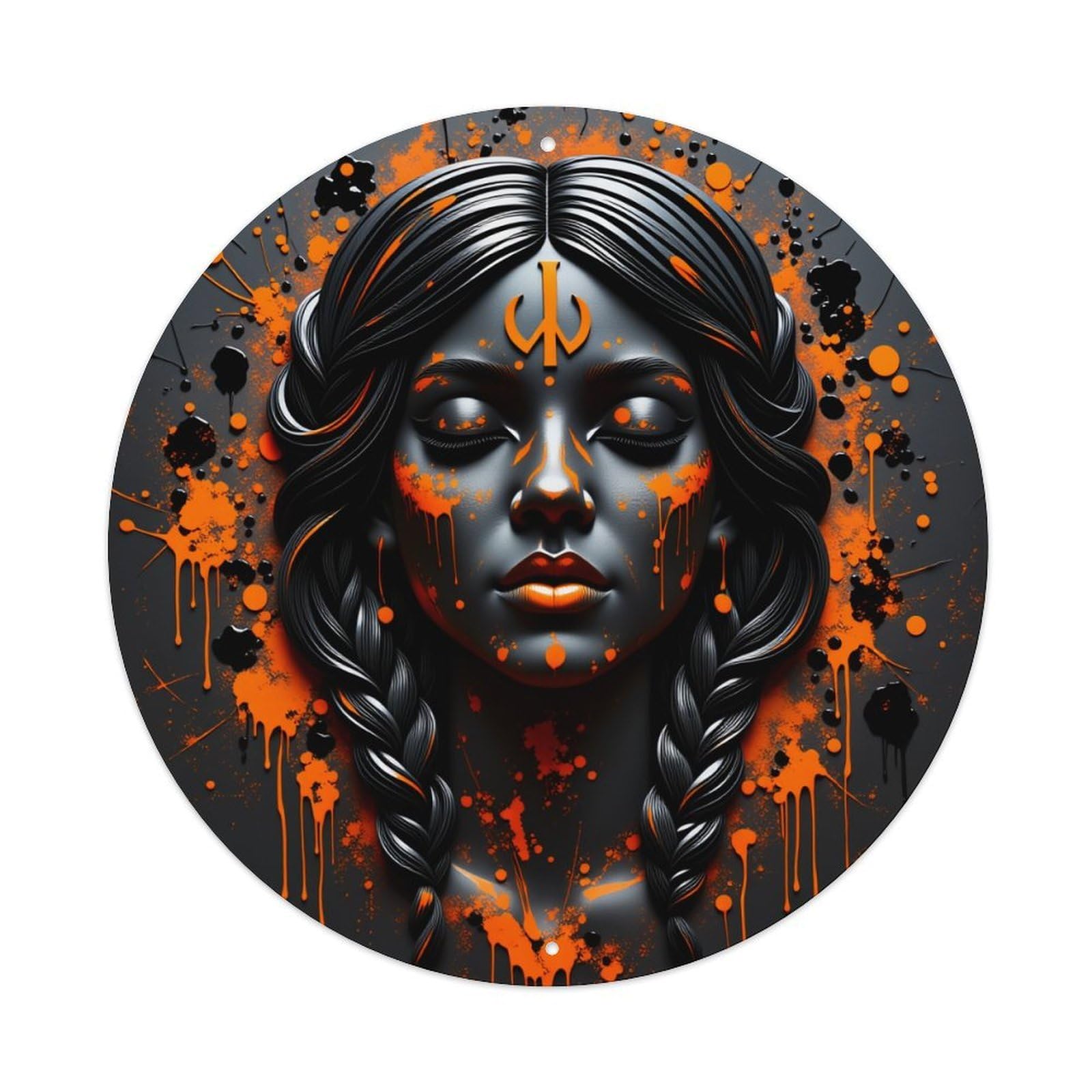 Dark Orange Splatter Face Art Vintage Metal Tin Sign Retro Wall Decor for Home Bar Garage Cafe, Indoor & Outdoor Decorative，circle Metal Poster, 8x8 Inch