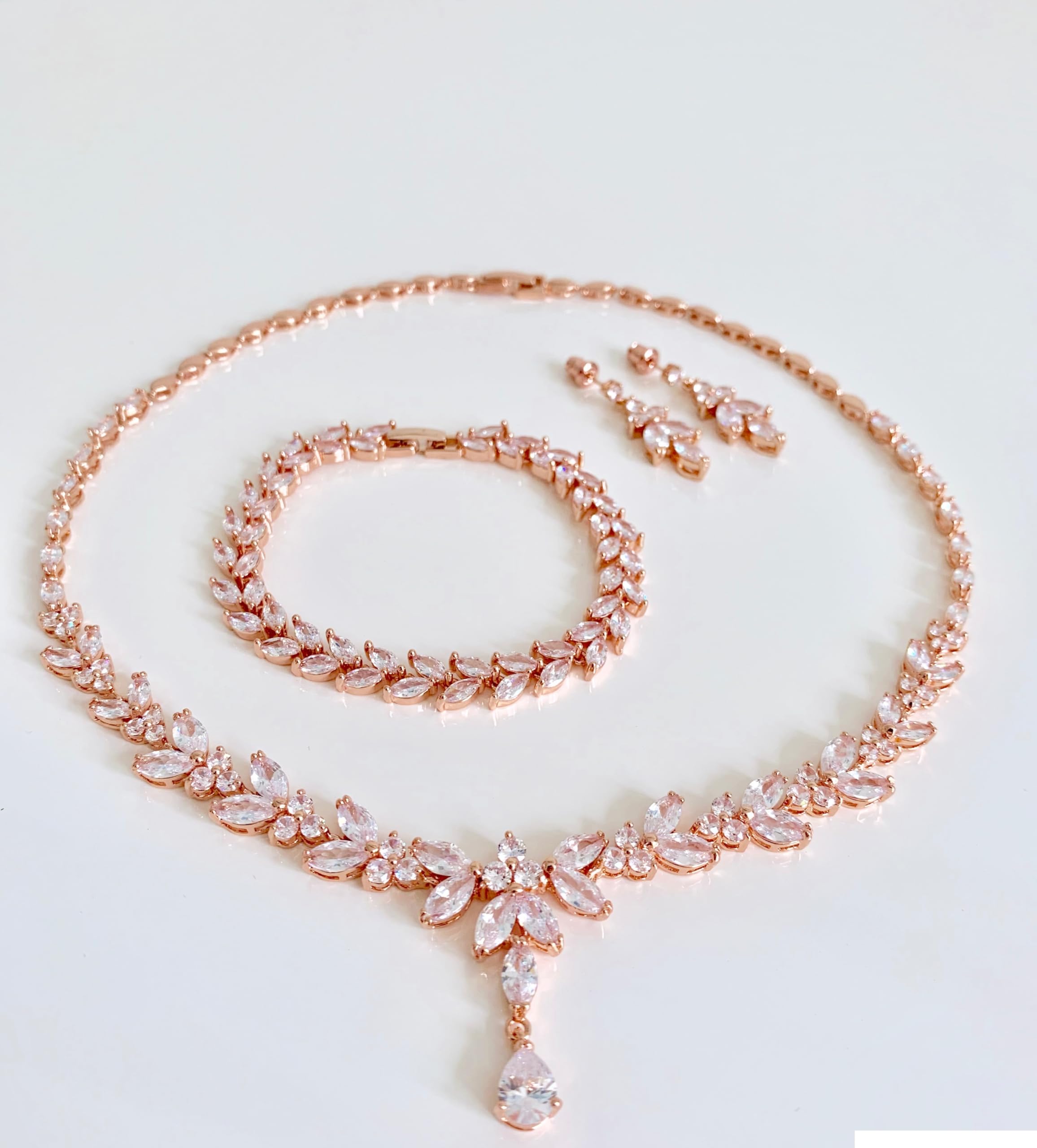 Roségold Zirkonia Schmuckset Halskette Ohrringe Armband Diadem Brautschmuck Hochzeit Kommunion Abiball Collier