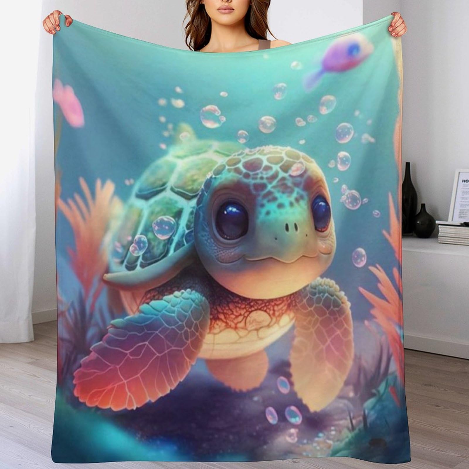 Manta cálida de franela con tortuga suave para sofá cama de salón