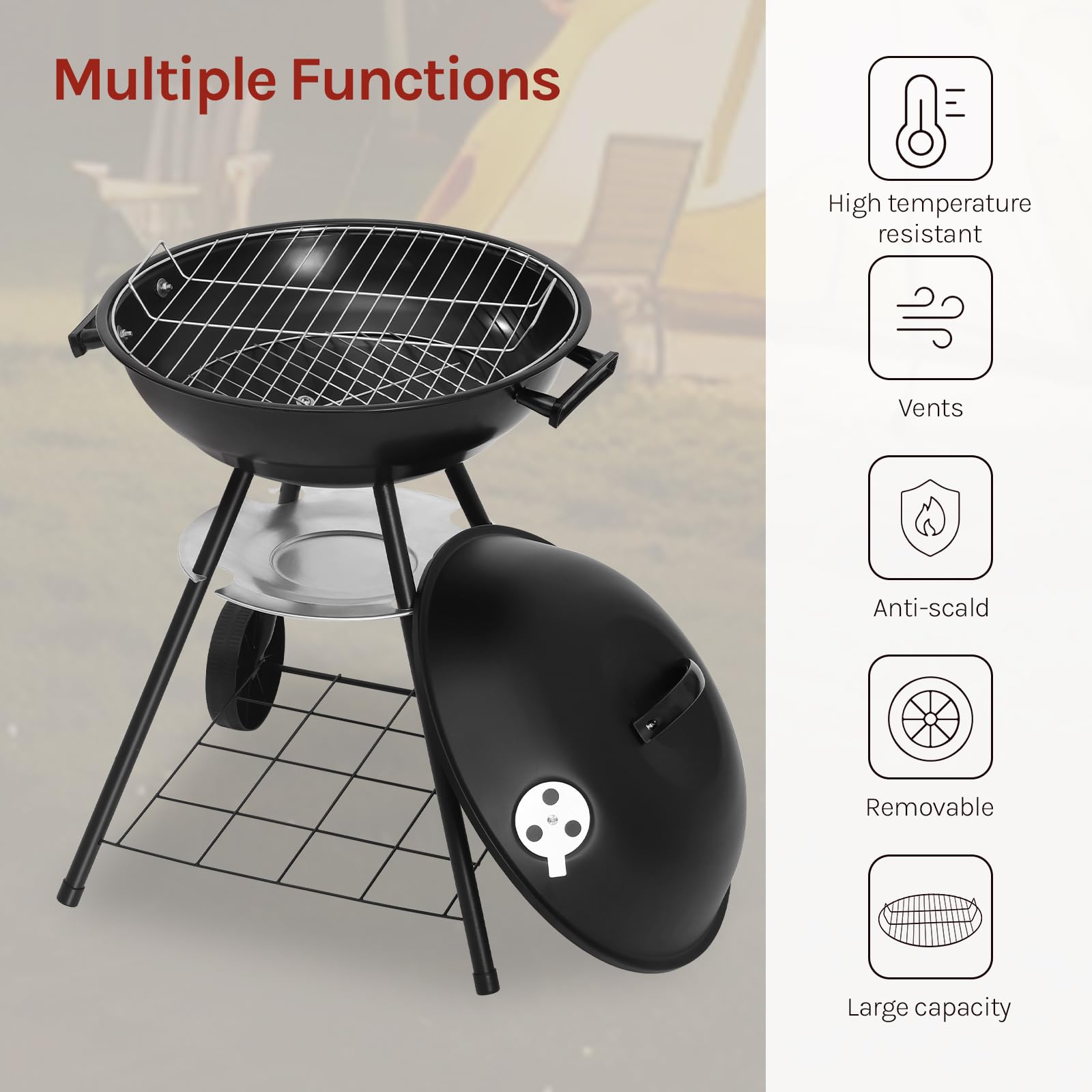 WOLTU Grill kulowy na węgiel drzewny z pokrywką, φ42 cm, powierzchnia grillowa, grill na węgiel drzewny z regulowanym dopływem powietrza, grill, na kemping, metal, czarny