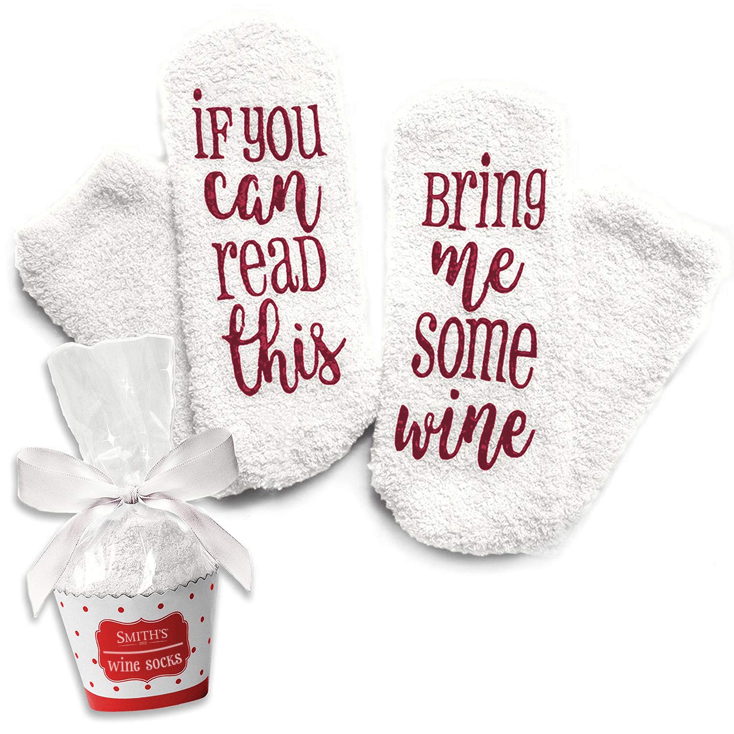 Smith's 2015 White (One Size Fits All) “If You Can Read This Bring Me Some Wine” Socks With Cupcake Gift Packaging By Smith's® | (Colour: White)