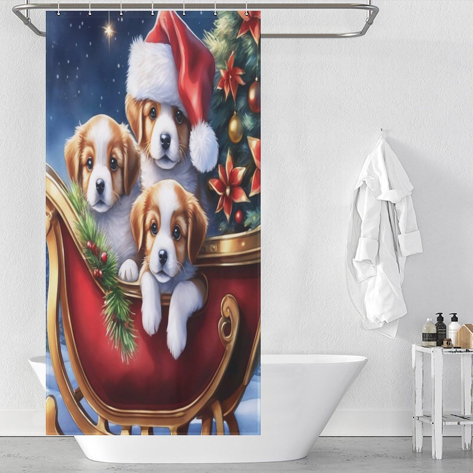 Rideau de douche polyester chien de Noël anti-éclaboussures 92x183